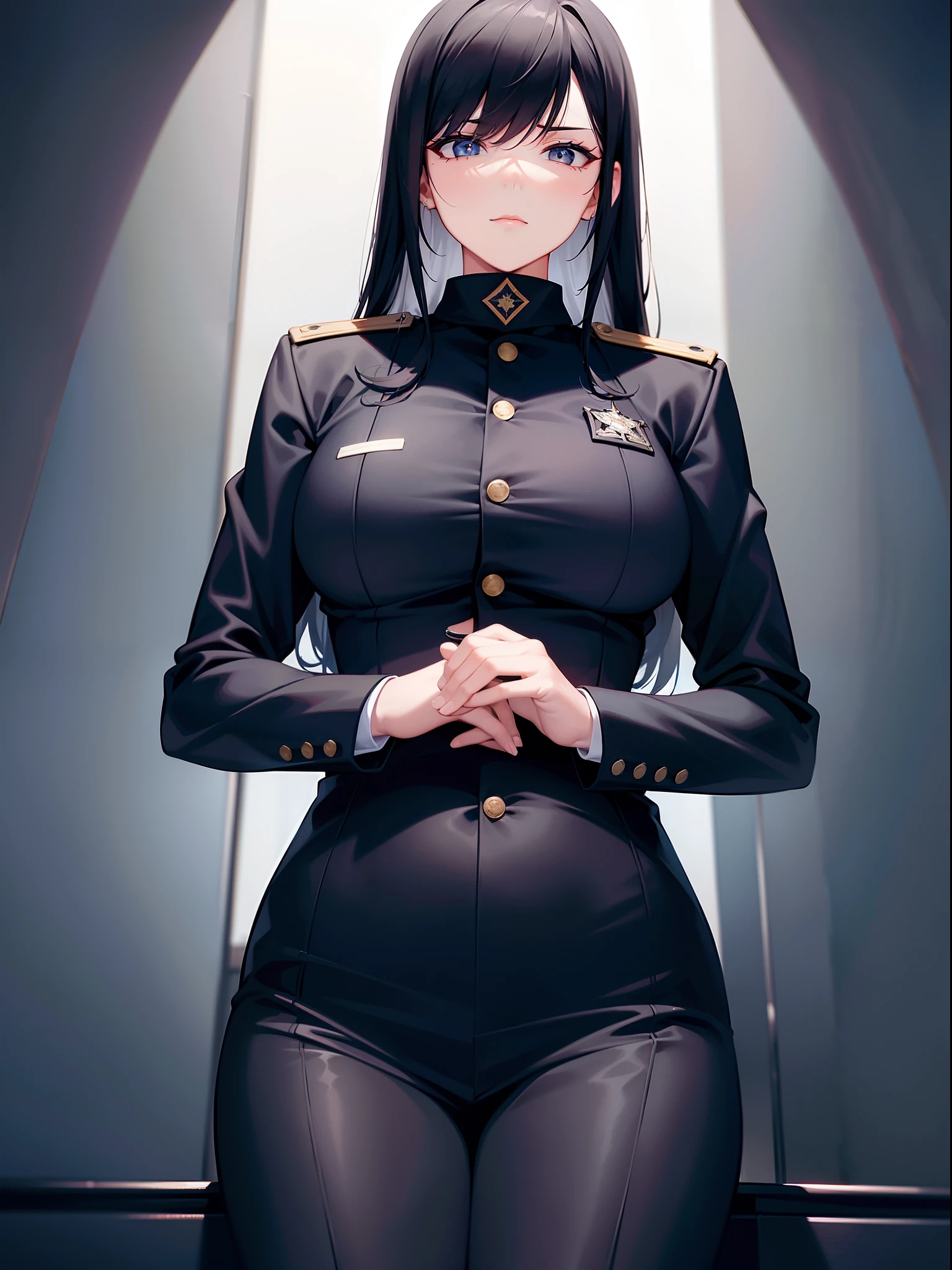 1 lady, prison guard, black uniform, looking down, domineering