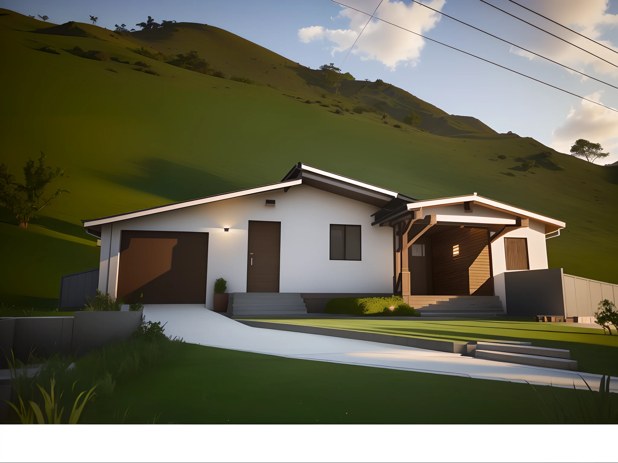 There is a house with garage and garage in the front yard, semi-realistic rendering, Renderizado no Lumion Pro, pre-rendered, finalrender, renderizado em lumion, lumion rendering, clean render, bem renderizado, realism rendering, altamente renderizado!!, renderizado em unreal engine 3d, 3 d renders, em estilo de realismo simplificado, finalrender