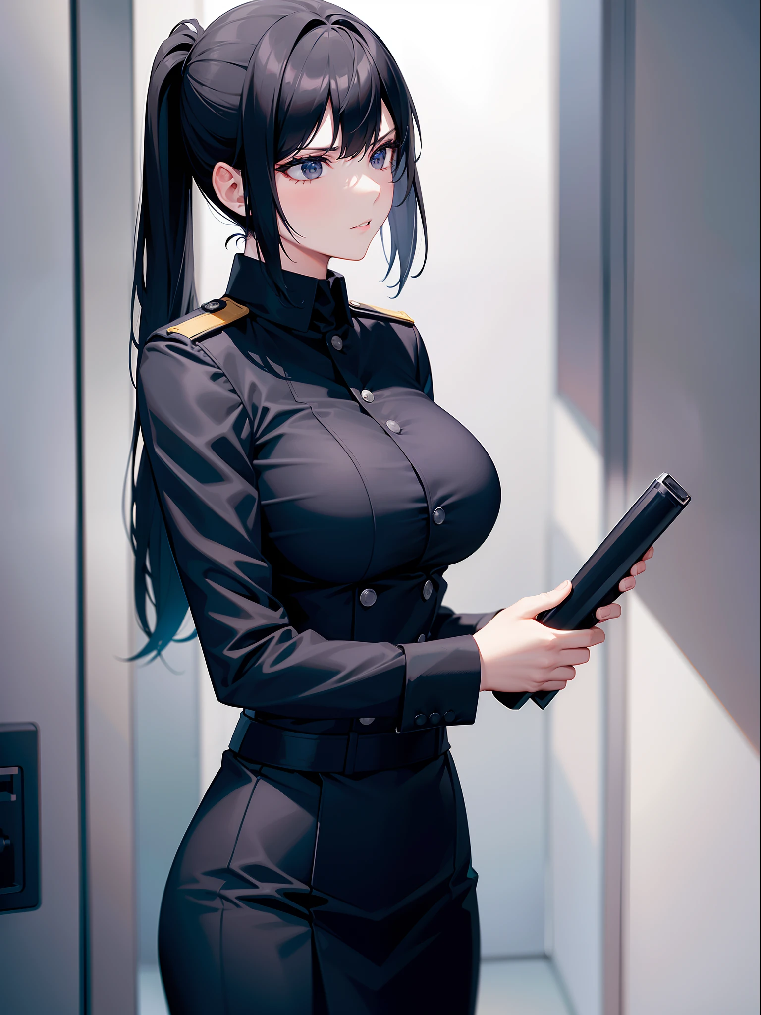 (Obra maestra, La mejor calidad, ultrahigh resolution), ((a female police officer, professional blue police uniform)), standing, (((holding pistol:0.9, gun, aiming_at_viewer:1, pointing gun at viewer))), (light brown, light brown hair:0.7), centered gun, long hair cut, pale skin, ((blue eyes)), glowing_eyes, neon eyes, (ultra detailed eyes, beautiful and detailed face, detailed eyes), ((centered)), smile, ((wide shot)), facing viewer, eye level, (blurry background, bright summer background, summer), flat chested, looking at viewer, ((half closed eyes)), ((perfect hands)), ((head, arms, hips:0.7, elbows, in view)), empty eyes, beautiful lighting, outside, outdoors, background,