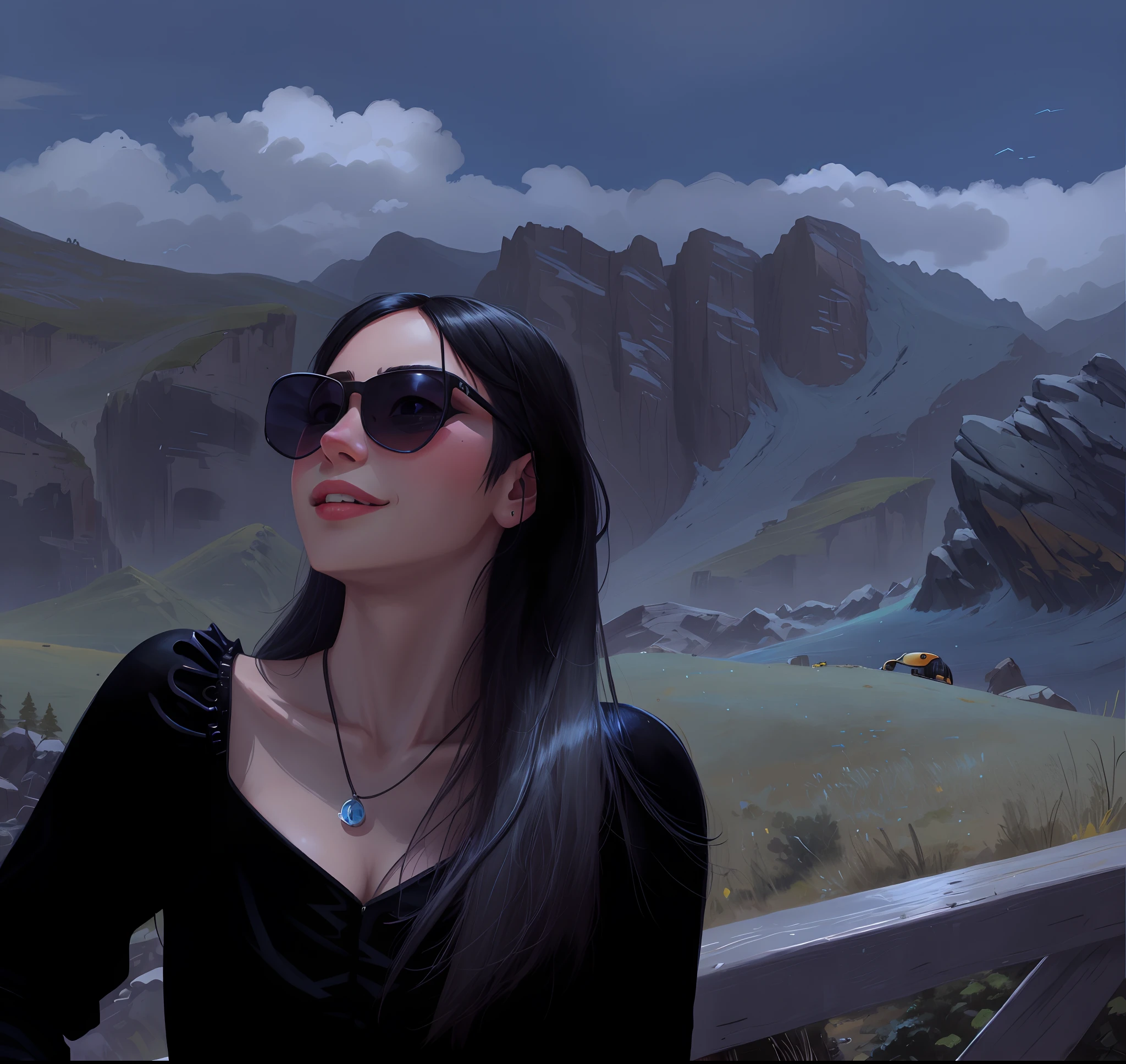 A girl,  Sexy and beautiful，Pursed his lips and smiled，Peerless beauty，Cartoony，cyber punk perssonage，sci-fy，Alpine scenery，blue-sky，Black sunglasses，Long black hair