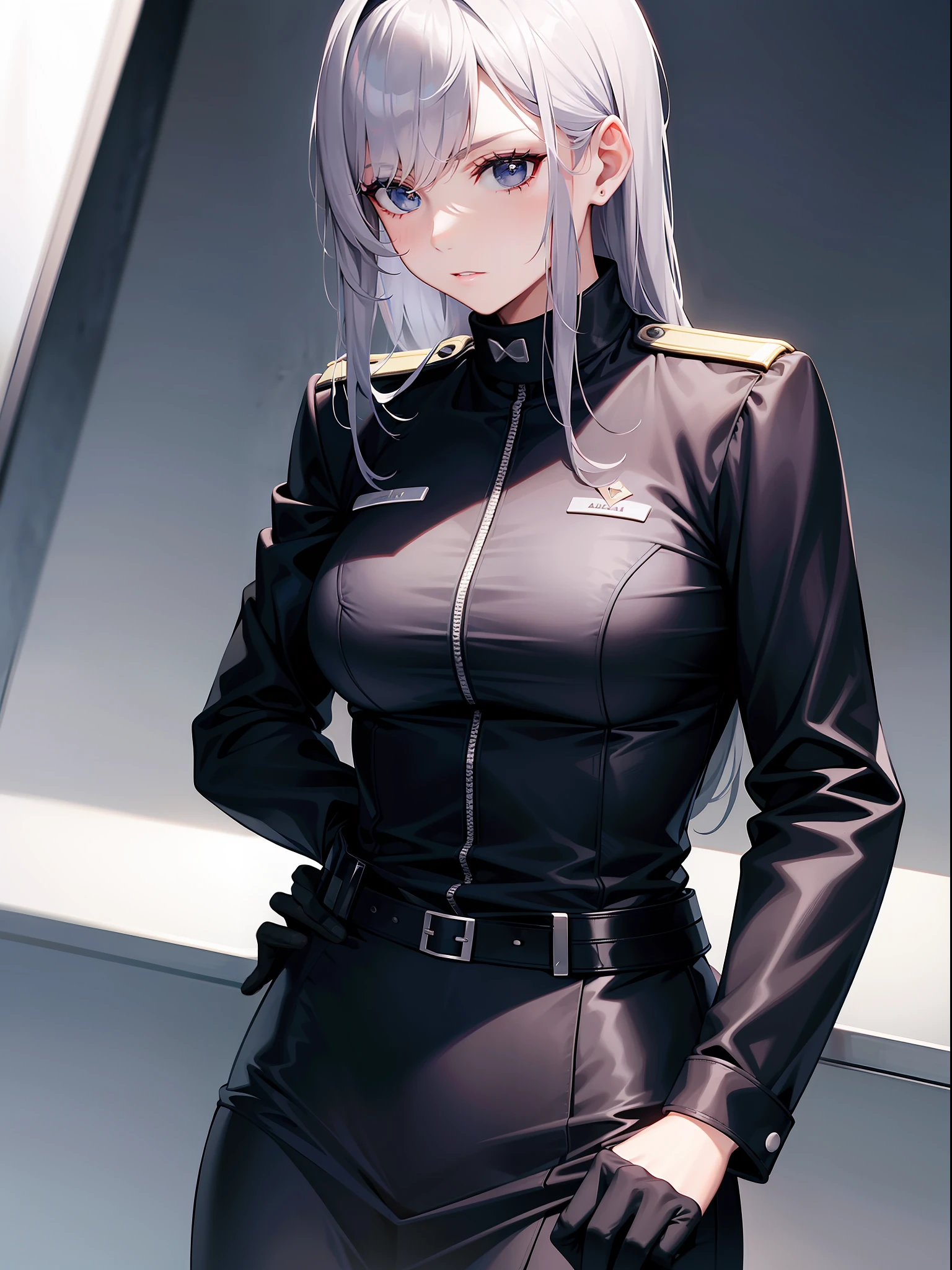 1 lady, prison guard, black uniform, looking down, domineering