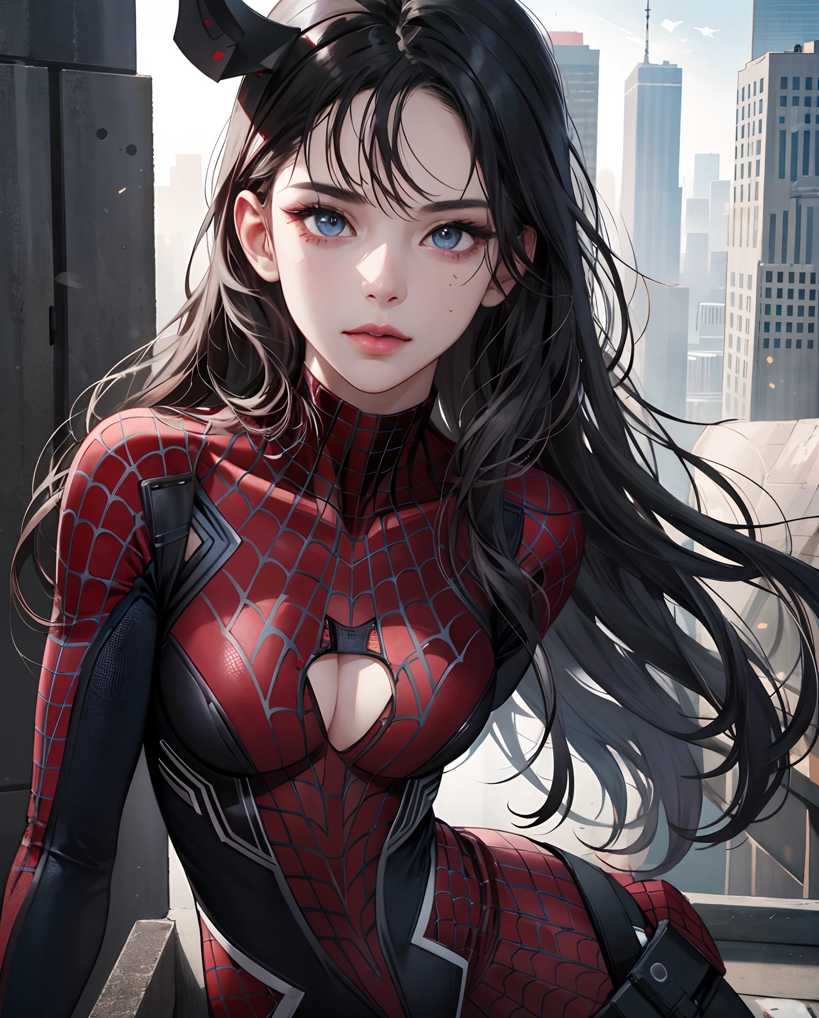 (1girl:1.3), Solo, (((Very detailed face)))), ((Very detailed eyes and face)))), Beautiful detail eyes, Body parts__, Official art, Unified 8k wallpaper, Super detailed, beautiful and beautiful, beautiful, masterpiece, best quality, original, masterpiece, super fine photo, best quality, super high resolution, realistic realism, sunlight, full body portrait, amazing beauty, dynamic pose, delicate face, vibrant eyes, (from the front), She wears Spider-Man suit, red and black color scheme, spider, very detailed city roof background, rooftop, overlooking the city, detailed face, detailed complex busy background, messy, gorgeous, milky white, highly detailed skin, realistic skin details, visible pores, clear focus, volumetric fog, 8k uhd, DSLR, high quality, film grain, fair skin, photo realism, lomography, futuristic dystopian megalopolis, translucent
