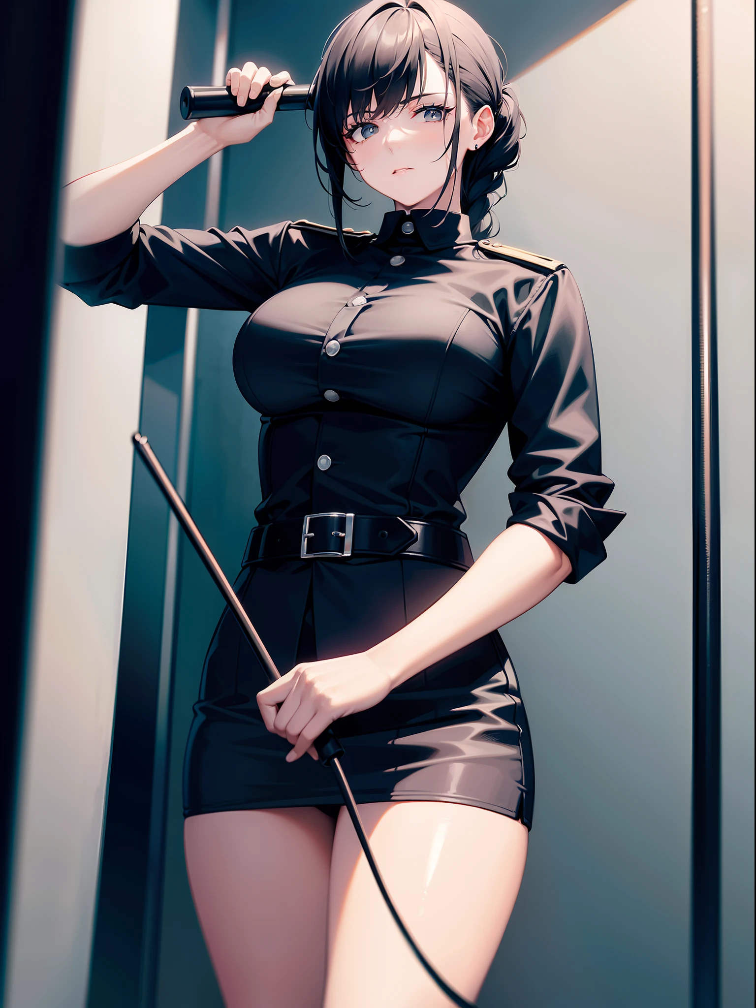 1 lady, prison guard, holding whip, black uniform, looking down, domineering