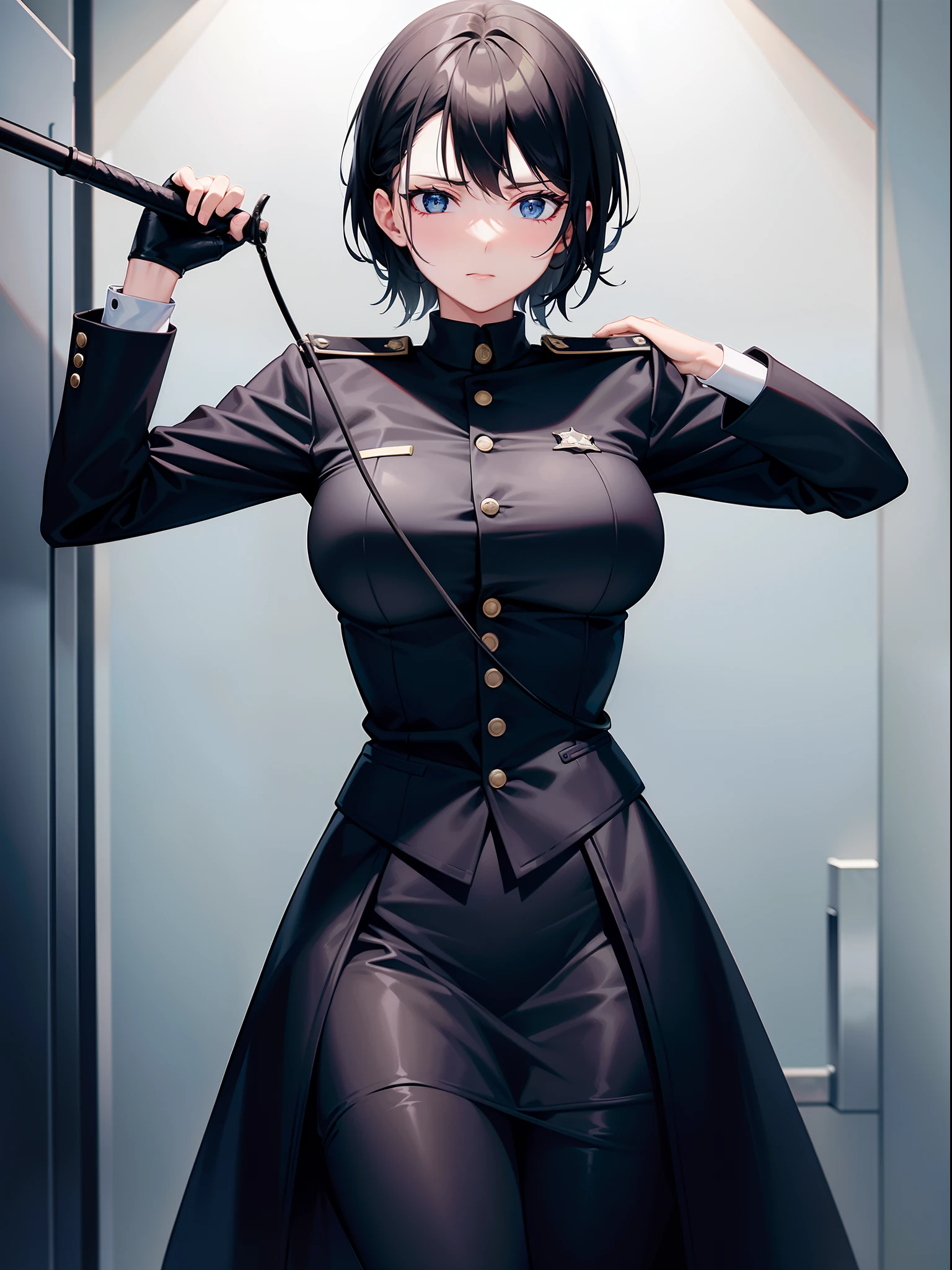 1 lady, prison guard, holding whip, black uniform, looking down, domineering