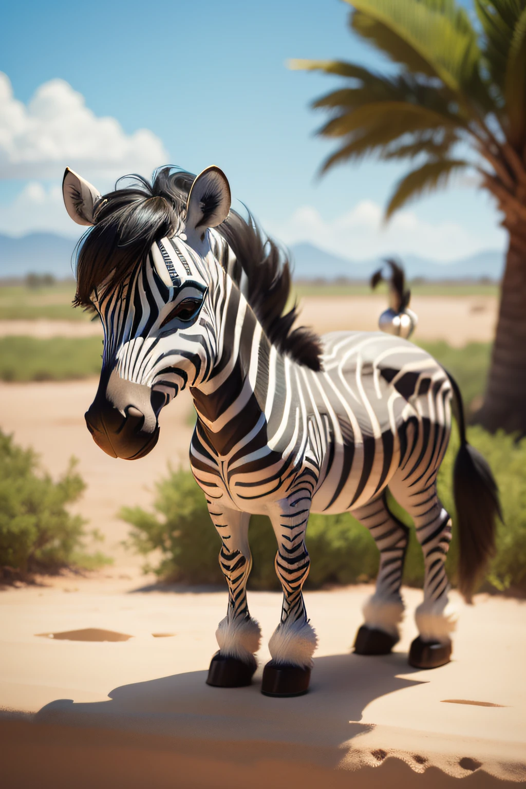 Disney-style small zebra with a background safari backdrop