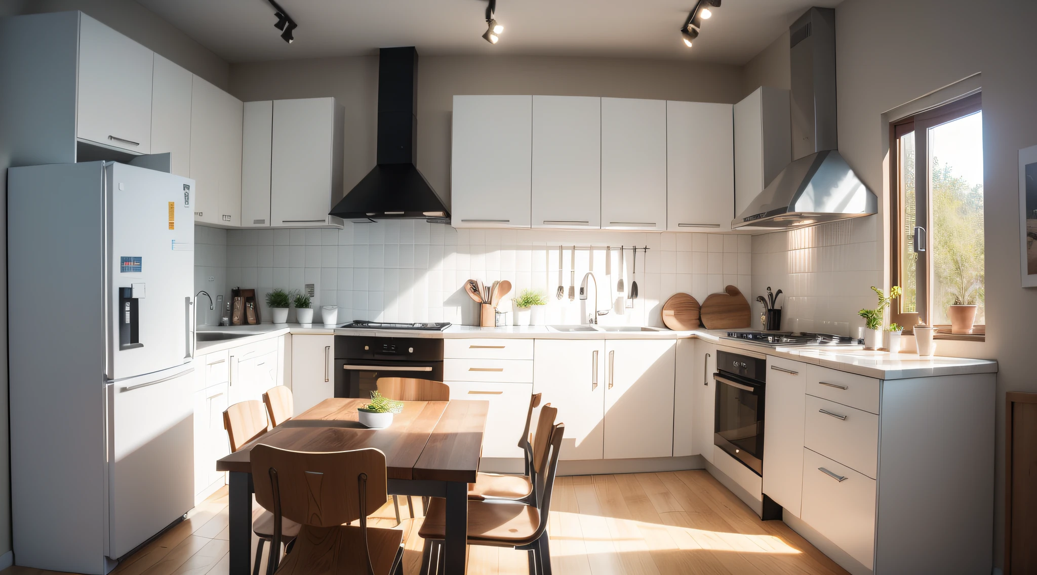 Cozinha planejada dois metros e quarenta noves,Modern table with six aluminium chairs,kitchen armarium MDF oak color,painel na parede madeira ripada,MDF lineo Textile,octane render 3D,Full HD,8K,cozinha organizado,White Marble,puxadores metalico,janela e cortina,built-in stove,cozinha agradavel meio ambientes