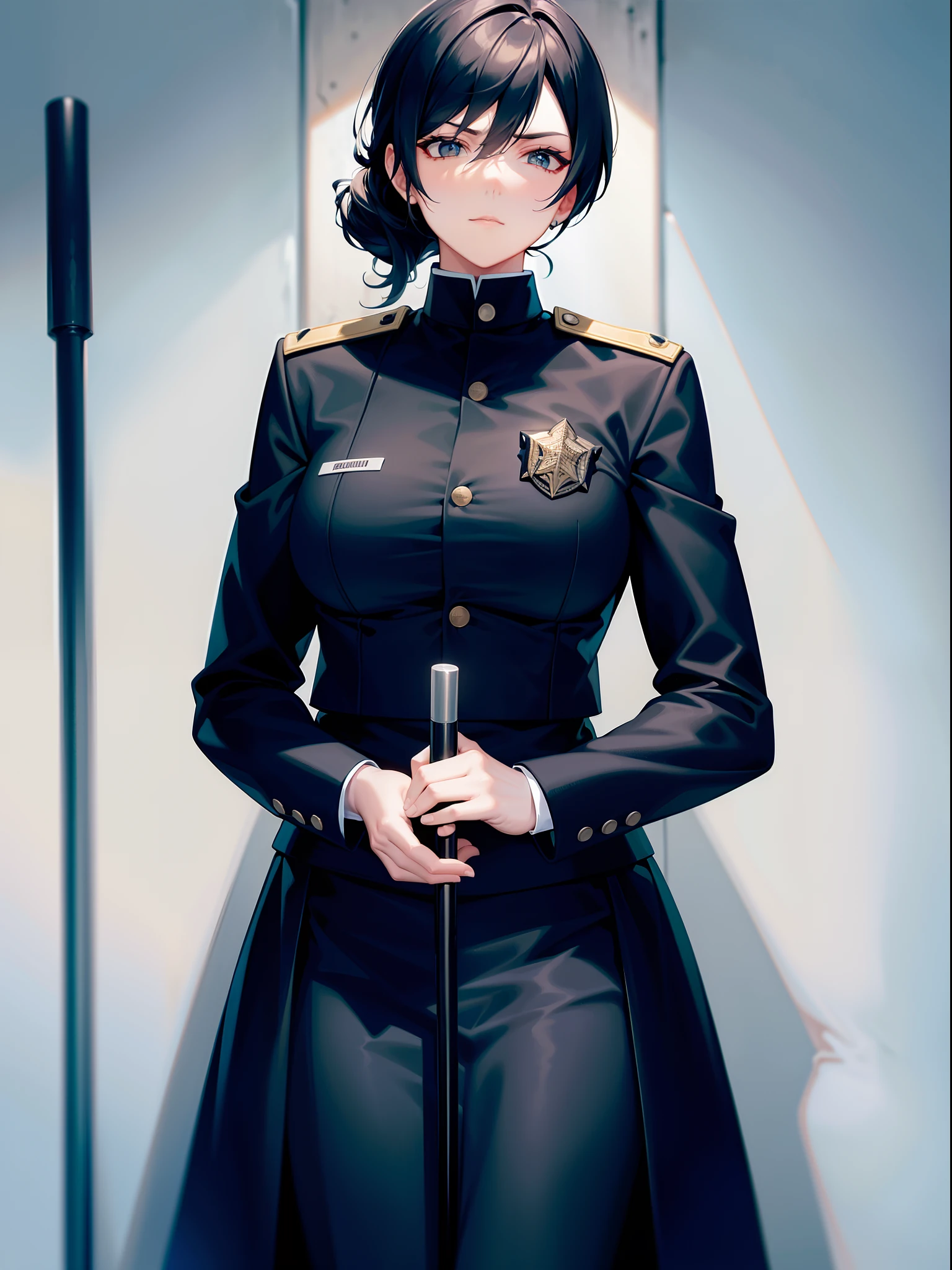 1 lady, prison guard, holding baton, black uniform, looking down, domineering