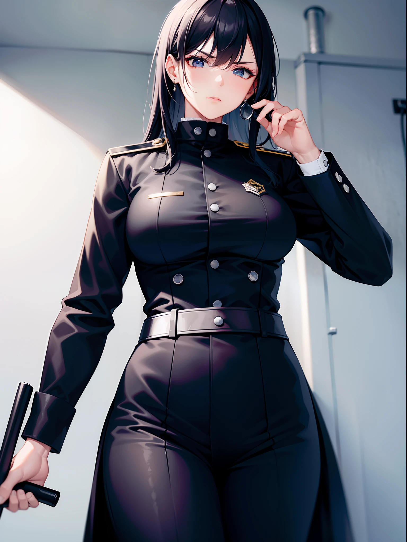 (highest resolution, distinct_image) best quality, a woman, solo, masterpiece, highly detailed, semi realistic, black cropped, black hair, bangs, 18 years old, mature, young, tall strong, black clothing, black uniform, skirt, military uniform, big breasts, indoor background, cold, serious, tall, handsome, autocratic, powerful, exquisite facial features, exquisite facial features
