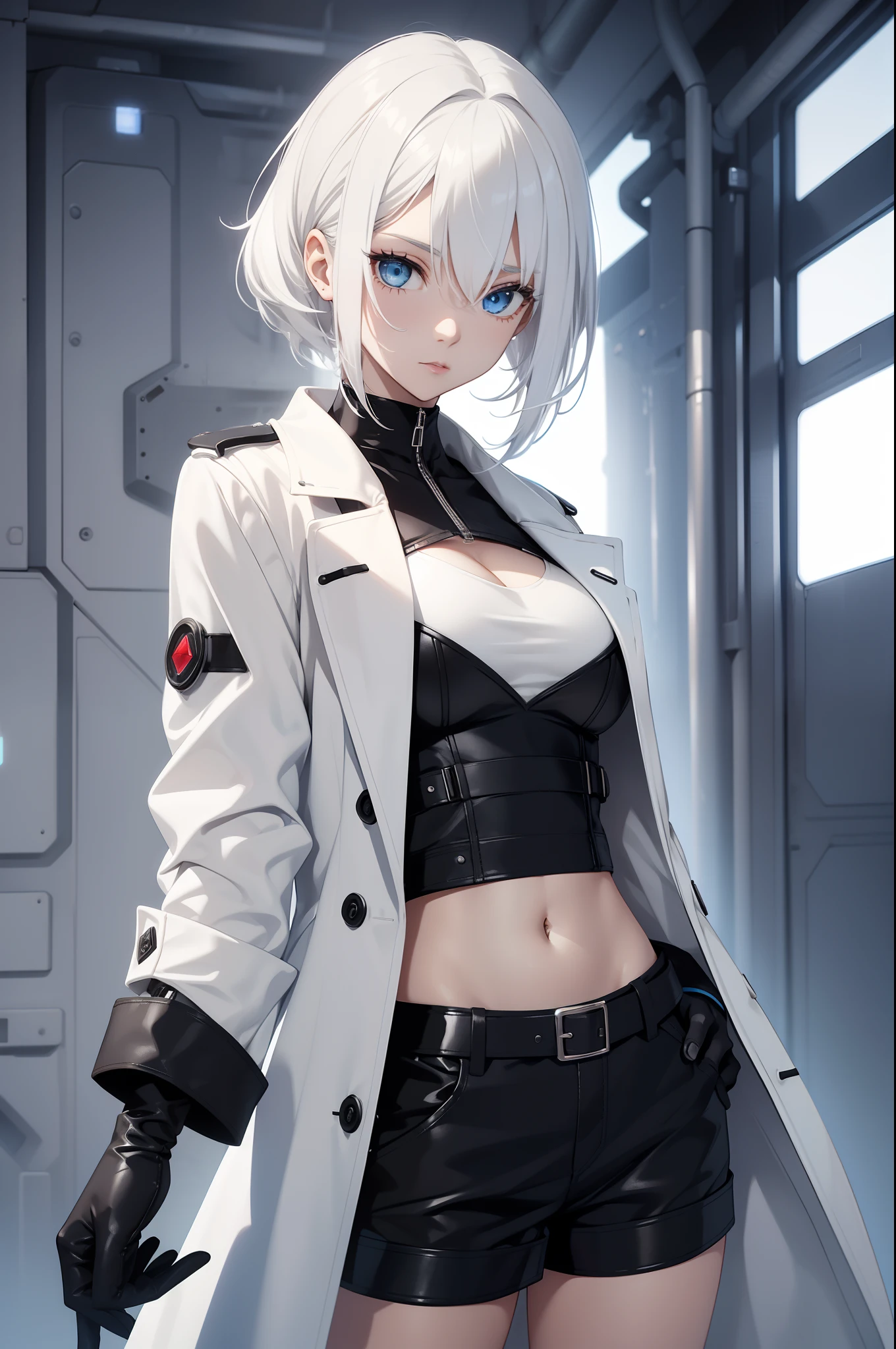 solo female, white hair, blue eyes, white trench coat, black shorts, black crop top, black gloves