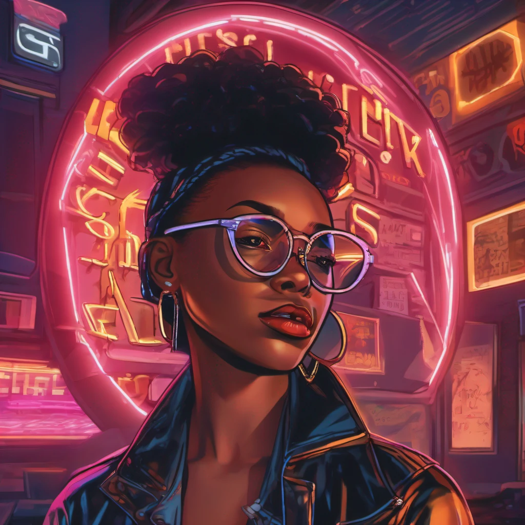 Cartoon flat close up of a black woman behind neon sign, logo from "https://image6.cdn.seaart.ai/2023-08-02/51755635220549/ece42d3f0505001af29d7e7c2a697718f9b06367.png", logo art, official art, official artwork and illustration, fanart style