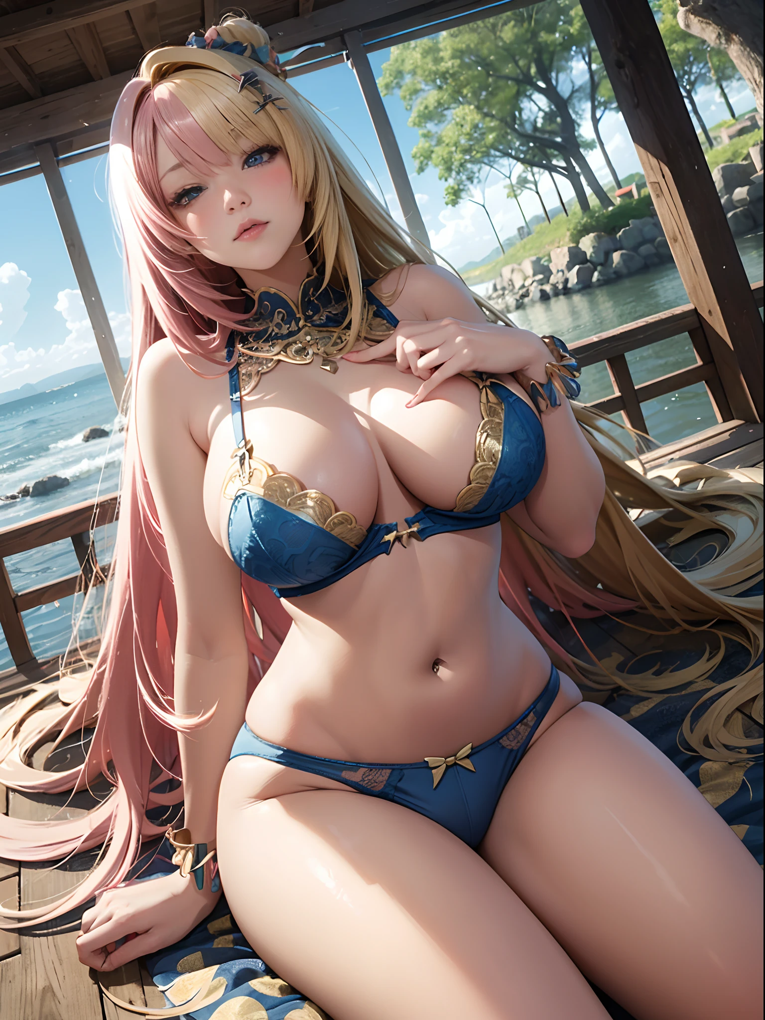 (Enrich the picture,Masterpiece level quality)Beautiful 8K CG artwork,Goddess-like posture,sittinng on the river,Postural exercises,Slim and soft,Translucent skin,Gold dust hair、The beauty of extra-long hair, Super Long Straight Hair,The skin is fair and juicy,Big breasts underwear uniform,Perspective Part 1.2x enhanced silhouette effect,Exquisite transparent blues pattern in pajamas,The details are intricate and exquisite,The background is slightly blurred,Charming and lustful leg seduction,Drool,K cup big breasts,Blush,Japan goddess,Perfect body slim curves,Scene by the sea,