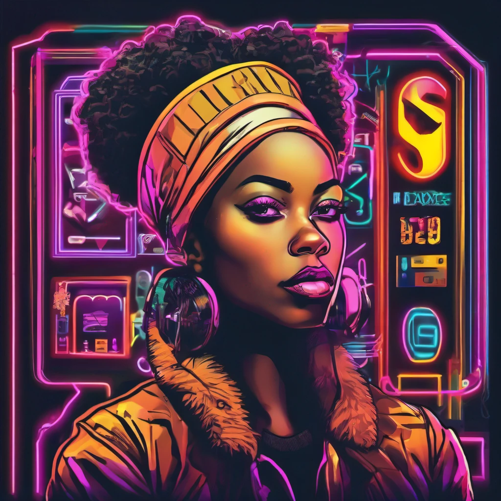 Cartoon flat close up of a black woman behind neon sign, logo from "https://image6.cdn.seaart.ai/2023-08-02/51755635220549/ece42d3f0505001af29d7e7c2a697718f9b06367.png", logo art, official art, official artwork and illustration, fanart style
