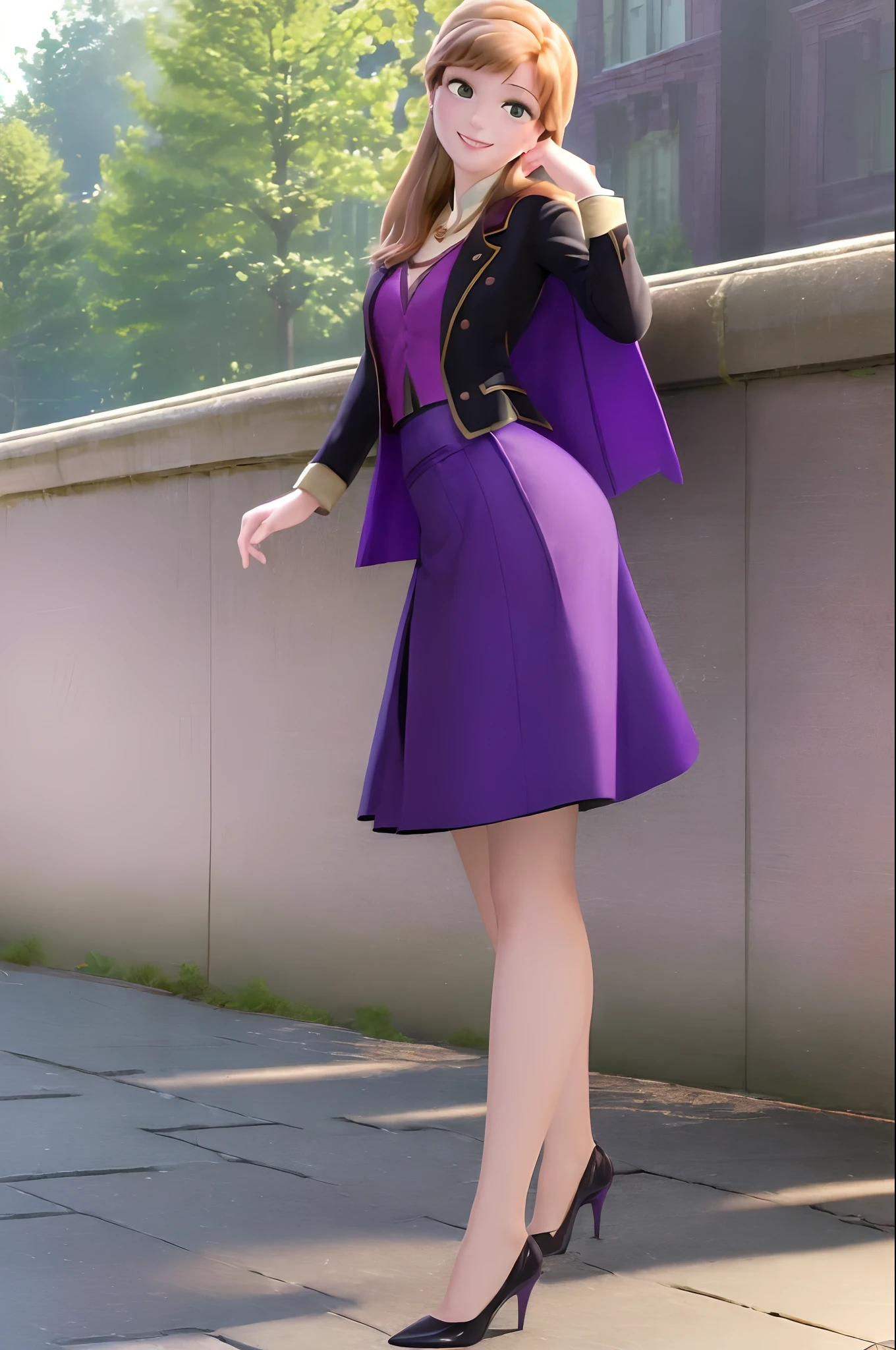 (masterpiece:1.4), (best qualit:1.4), (high resolution:1.4), anna of arendelle, black high heels, long hair, purple blazer, purple pencil skirt, outdoors, looking at viewer, smile,