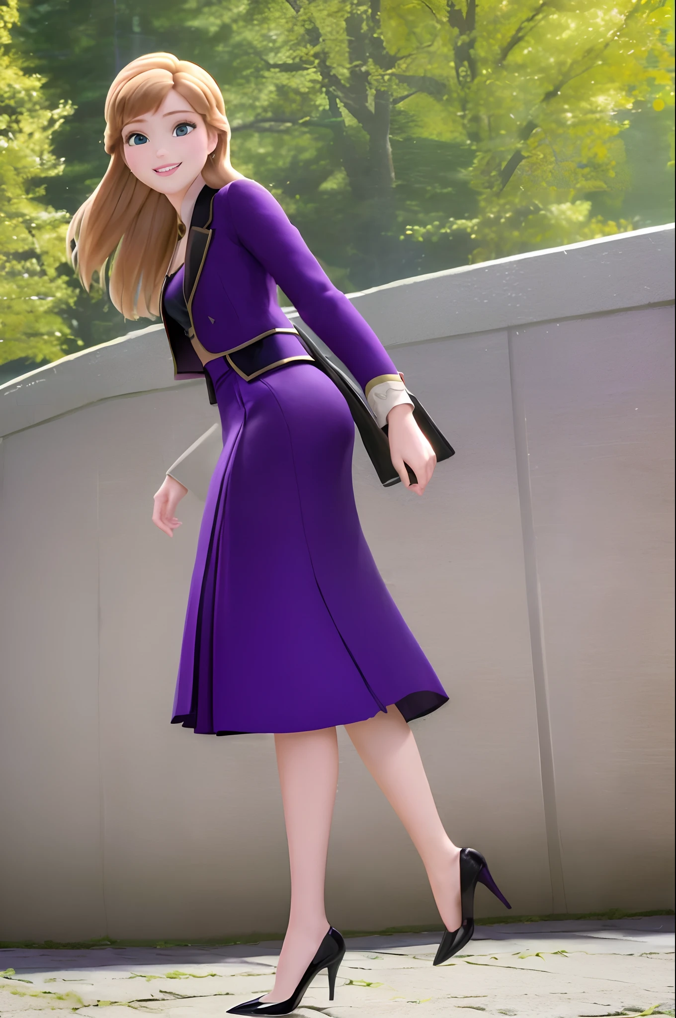 (masterpiece:1.4), (best qualit:1.4), (high resolution:1.4), anna of arendelle, black high heels, long hair, purple blazer, purple pencil skirt, outdoors, looking at viewer, smile,