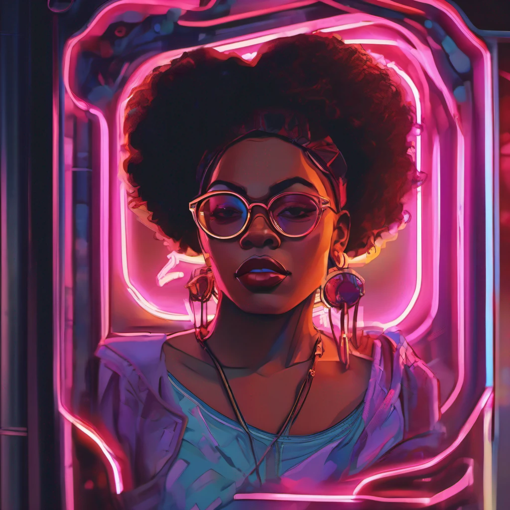 Cartoon flat close up of a black woman behind neon sign, logo from "https://image6.cdn.seaart.ai/2023-08-02/51755635220549/ece42d3f0505001af29d7e7c2a697718f9b06367.png", logo art, official art, official artwork and illustration, fanart style