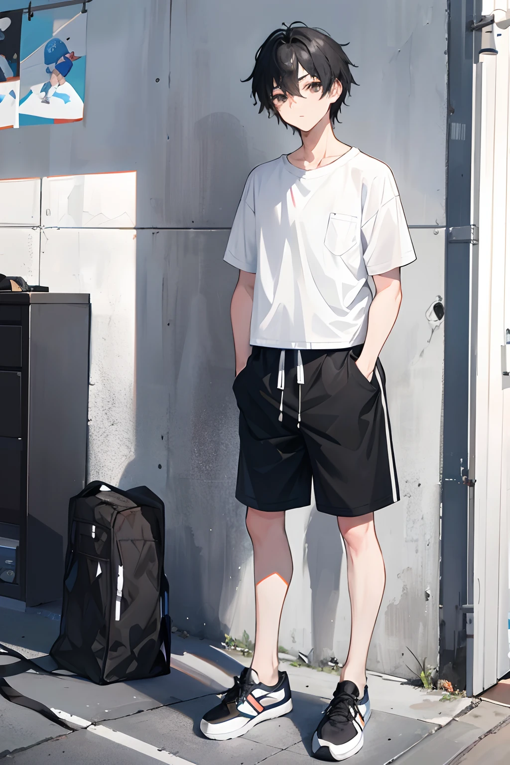 Anime boy standing in front of a wall with a backpack - SeaArt AI