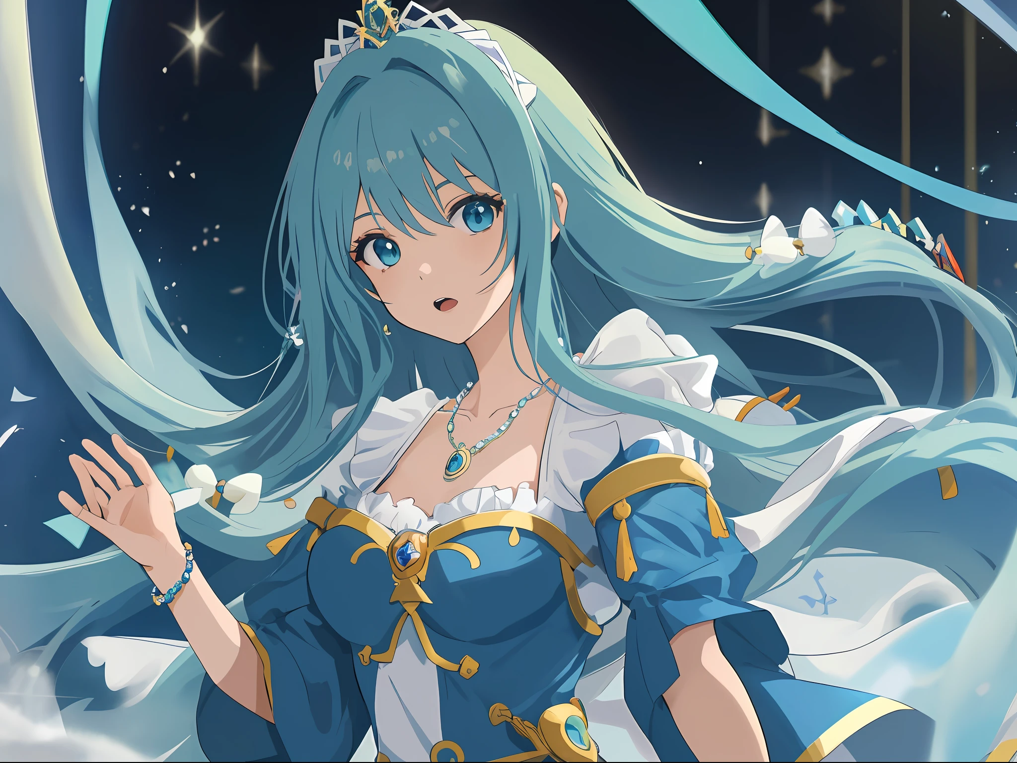 Garota de anime com 1,68 metros de altura, cabelos longos com tom suave de azul-celeste, your eyes are the same shade as your hair, Her skin is fair, usa vestidos de cores azul e branco, She also wears accessories such as a beaded bracelet and a special necklace. His expression is serene and friendly., refletindo sua personalidade compassiva e aberta.