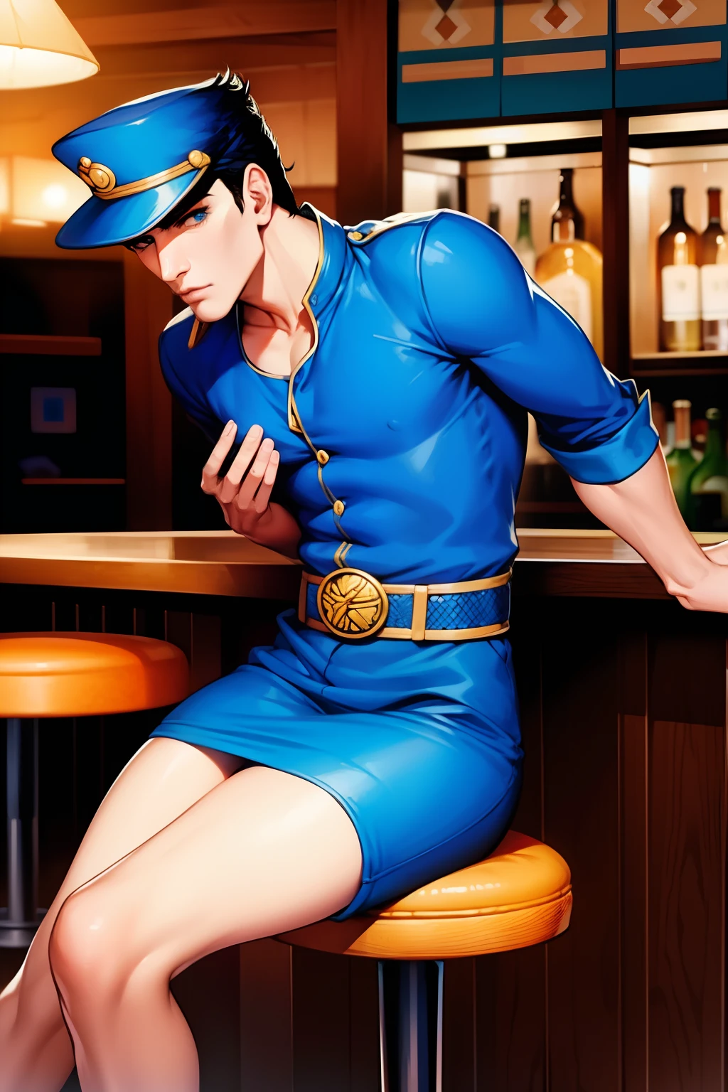 The World sits at a bar, being served by blue jotaro