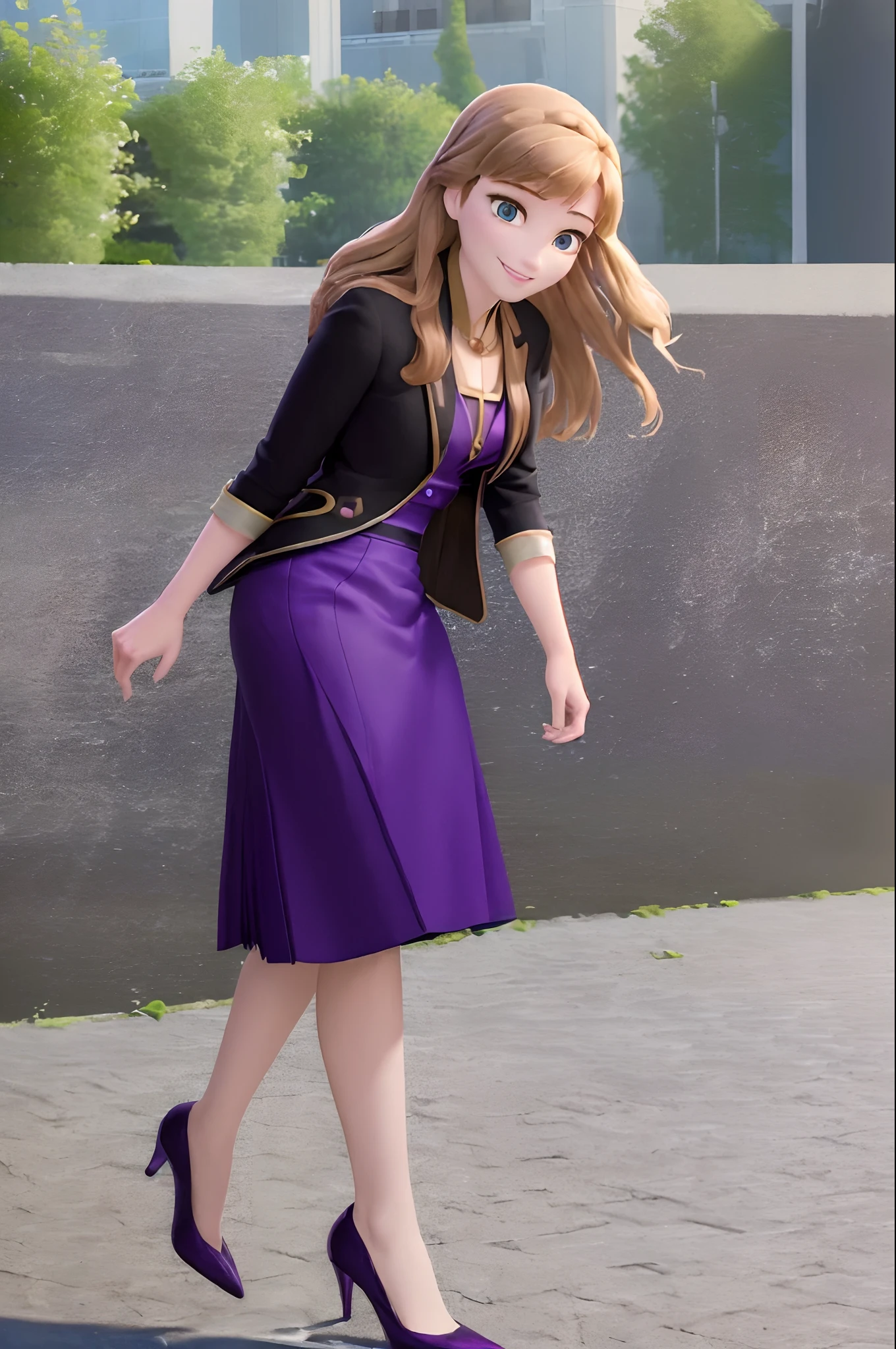 (masterpiece:1.4), (best qualit:1.4), (high resolution:1.4), anna of arendelle, black high heels, long hair, purple blazer, purple pencil skirt, outdoors, looking at viewer, smile, businesswoman