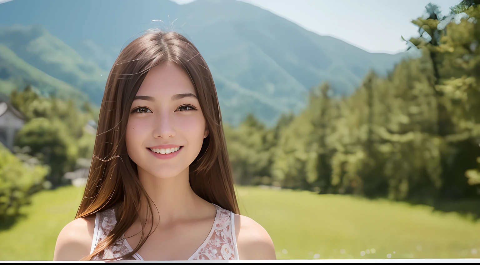 A smiling, passionate woman looking at a mountain 