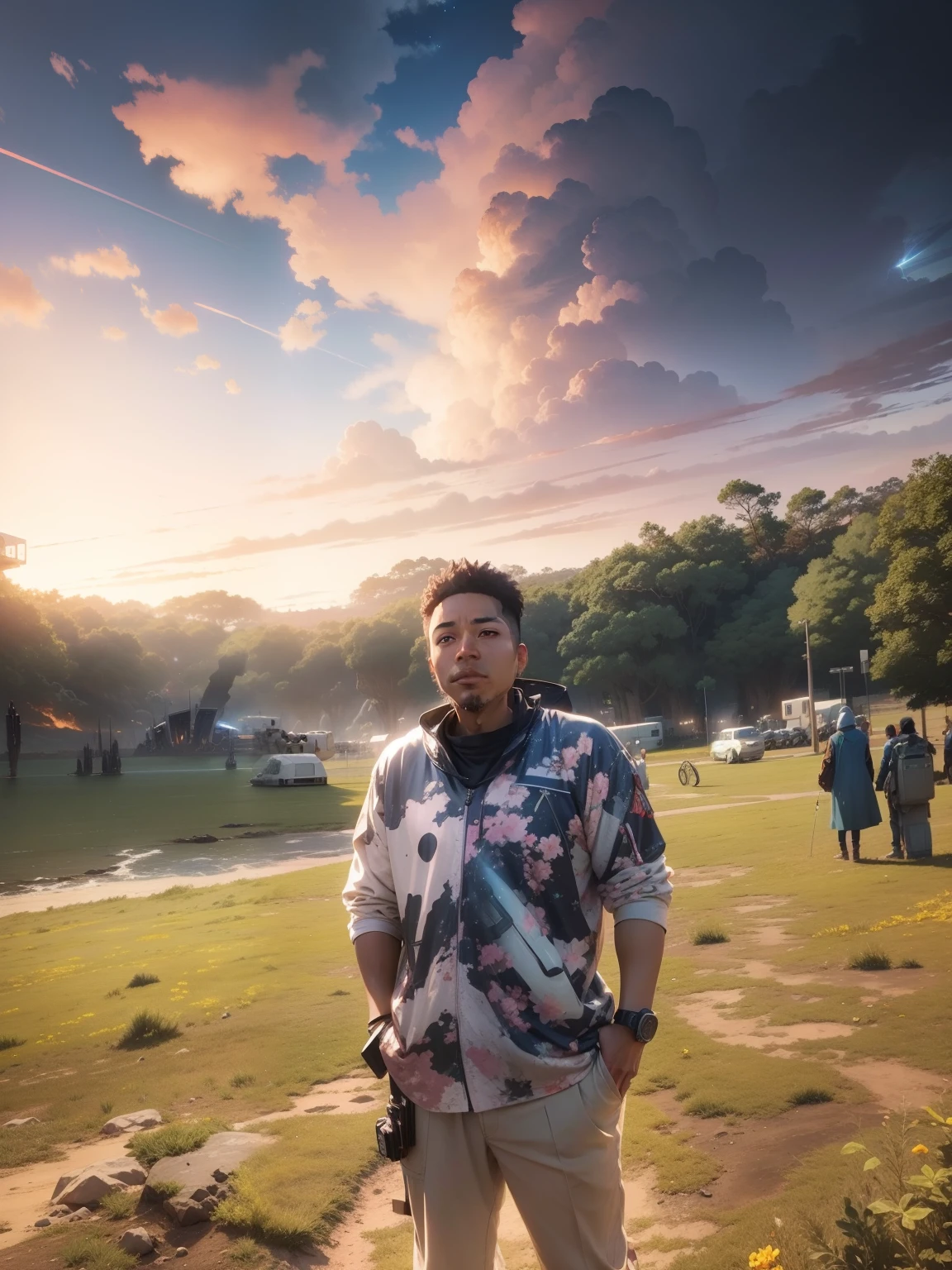 Anime face, scifi background, beautiful sky, clear face,