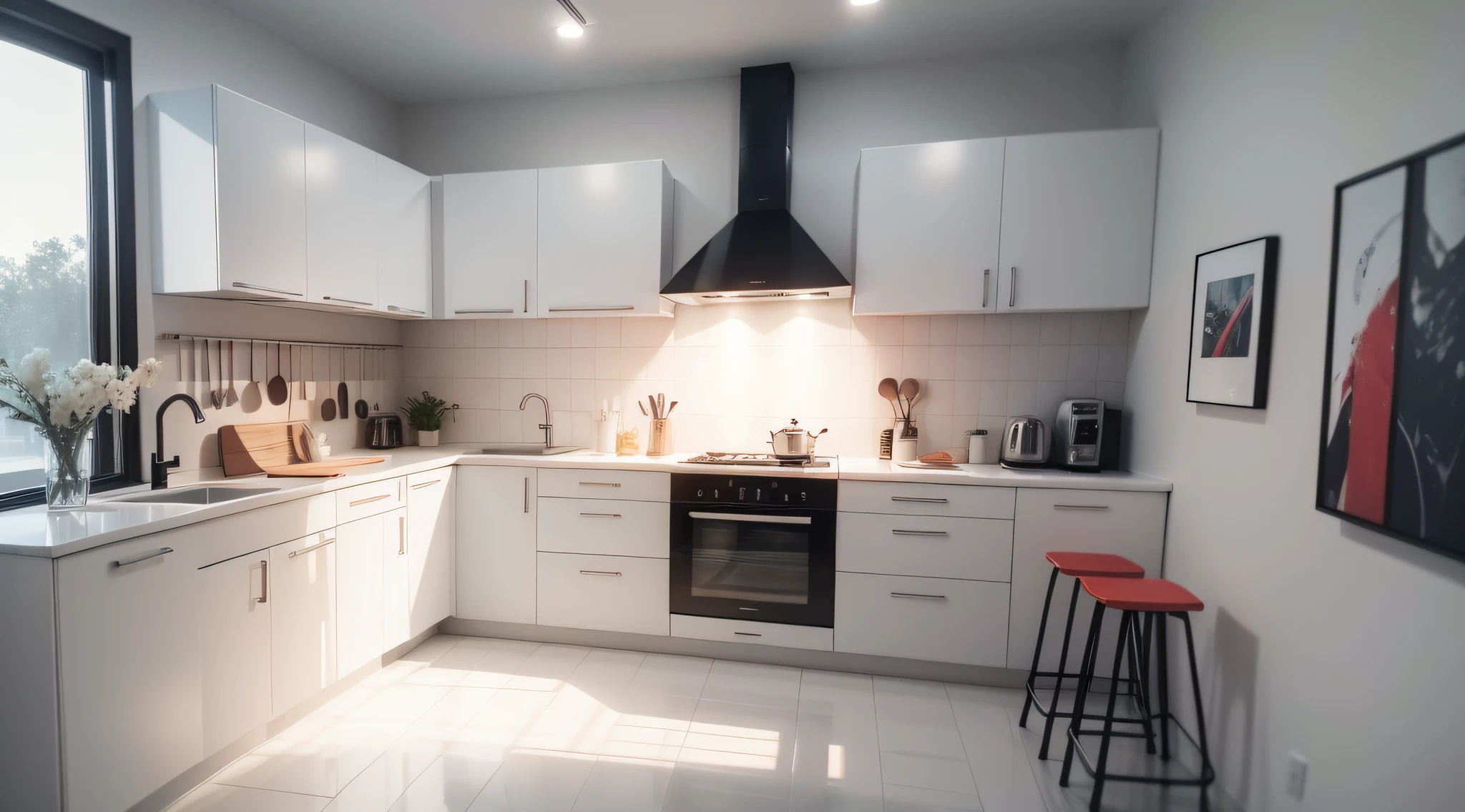 Cozinha planejada geladeira vermelha,Modern table with six aluminium chairs,black kitchen armarium,painel na parede madeira ripada,MDF lineo Textile,octane render 3D,Full HD,8K,cozinha organizado,White Marble,puxadores metalico,janela e cortina,built-in stove,cozinha agradavel meio ambientes