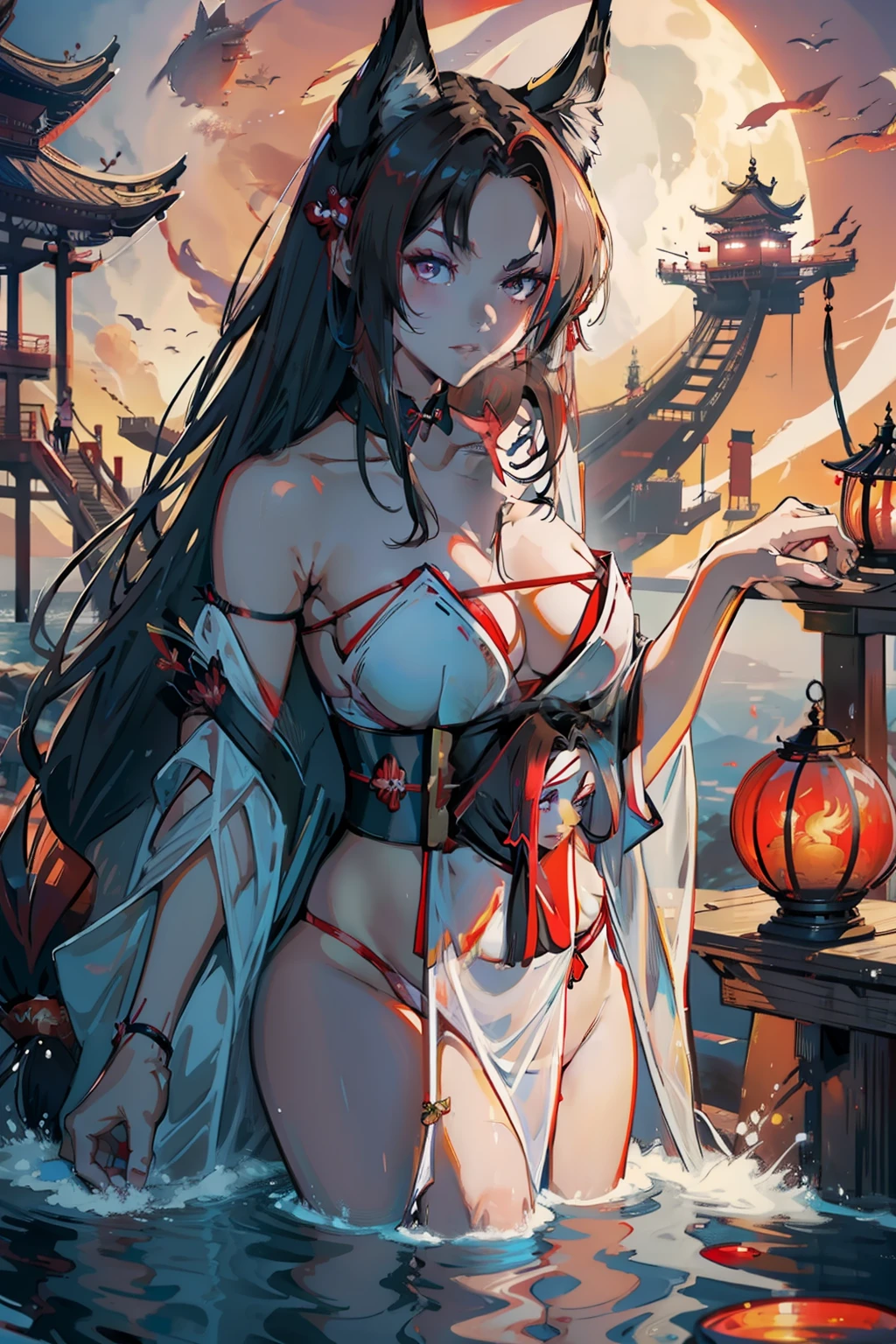 princess azula, evening, sunset, looking at viewer, cleavage, red satin robes, clothed bathing, girl floating above the water, palace, temple, fire, lava, red glowing, smug face (NSFW 1.3)