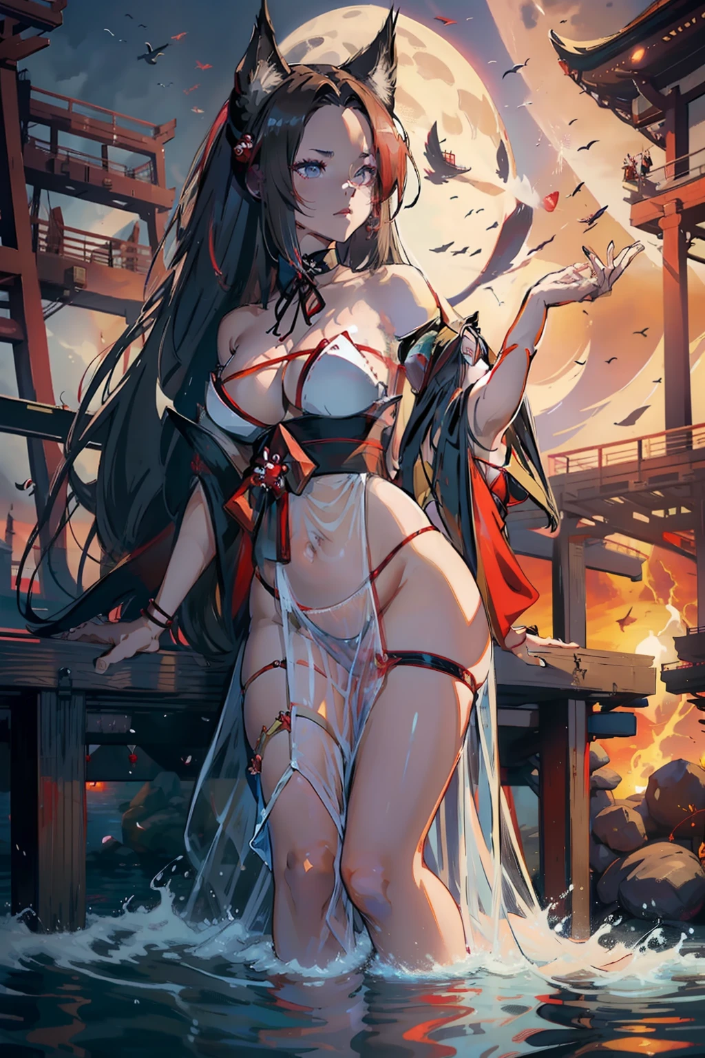 princess azula, evening, sunset, looking at viewer, cleavage, red satin robes, clothed bathing, girl floating above the water, palace, temple, fire, lava, red glowing, smug face (NSFW 1.3)