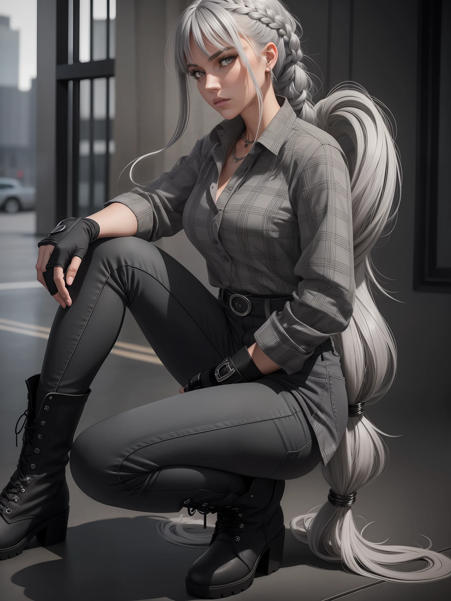 frontal view. Tall girl 23 years old. Gray hair to the floor, braided into a tail, The bangs are laid on the side. gray eyes. Toned physique. Grey plaid shirt, dark gray jeans, high boots, Black Top, partially fingerless gloves. Silver jewelry and elements. serious face