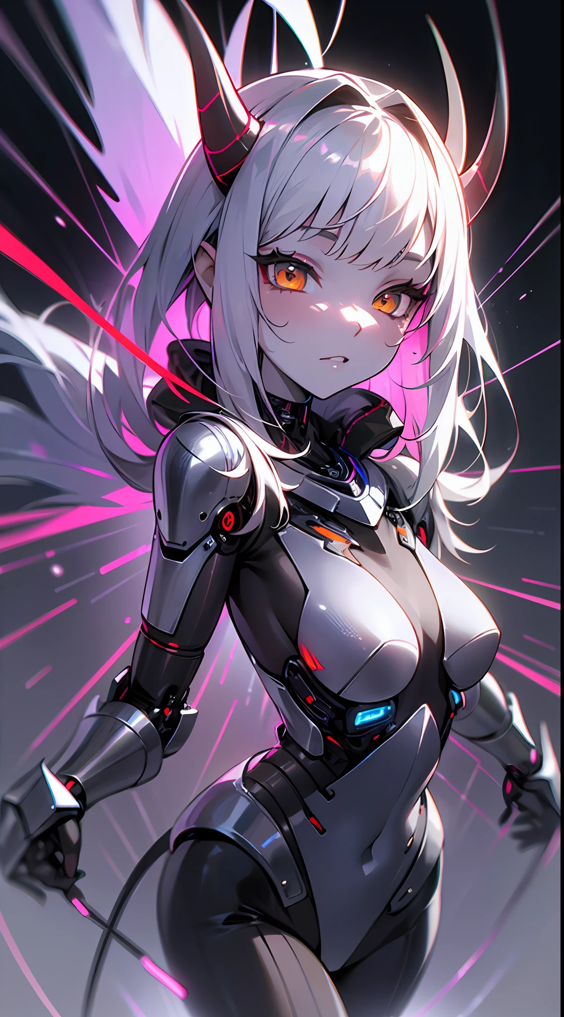 ((full body)),oni, demon girl, intricate circuitry on face, jagged horns, silver hair with pulsating lights, cybernetic, metallic ((chrome skin)), virtual realm nexus, coding realities, mastering the digital realm, detailed face, codeblade, holographic armor, wholesome