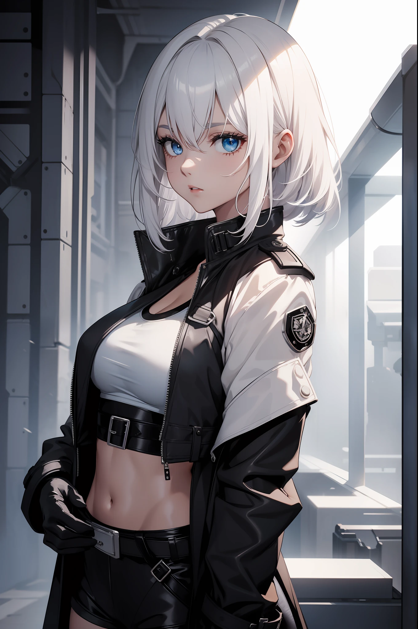 Adult woman, short white hair, high ponytail, blue eye color, White luxury jacket, pants, open breasts, blue lipstick, ssmile, Masterpiece, hiquality