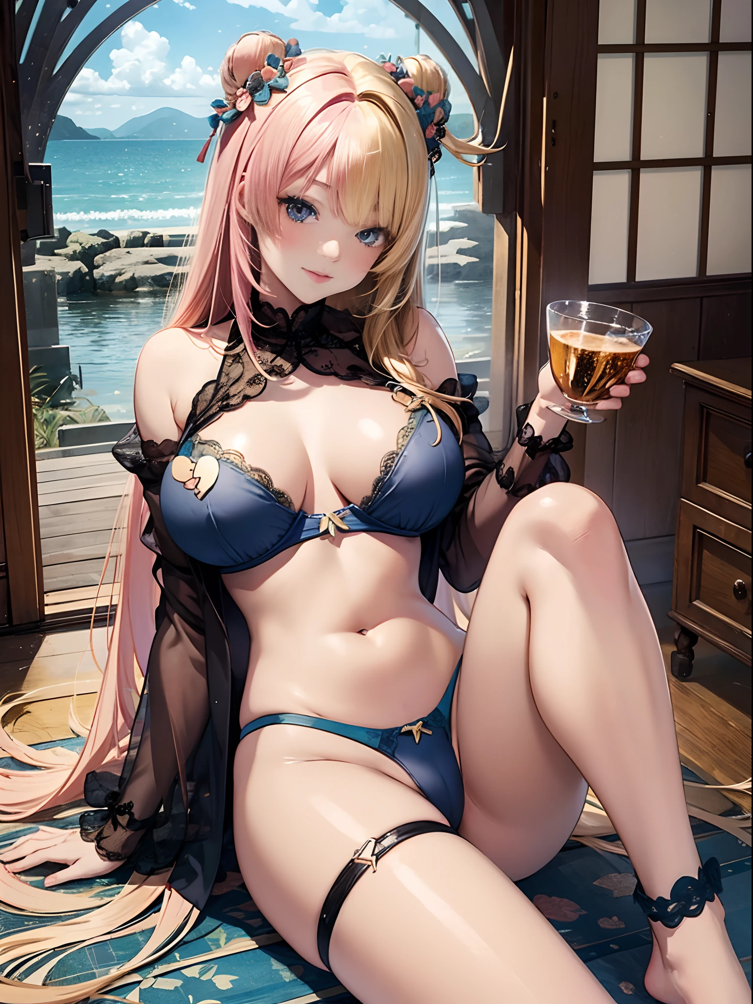 (Enrich the picture,Masterpiece level quality)Beautiful 8K CG artwork,Goddess-like posture,sittinng on the river,Postural exercises,Slim and soft,Translucent skin,Gold dust hair、The beauty of extra-long hair, Super Long Straight Hair,The skin is fair and juicy,Big breasts underwear uniform,Perspective Part 1.2x enhanced silhouette effect,Exquisite transparent blues pattern in pajamas,The details are intricate and exquisite,The background is slightly blurred,Charming and lustful leg seduction,Drool,K cup big breasts,Blush,Japan goddess,Perfect body slim curves,Scene by the sea,