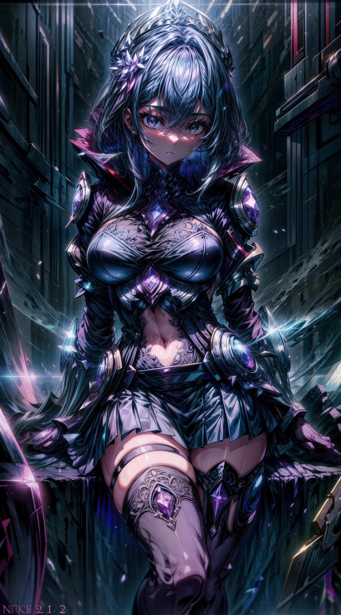 (masterpiece), best quality, expressive eyes, perfect face, (close up), (perfect body), (fully dressed), (detailed faces), (lighting angel), (black angel armor), (Lightning Swords), (sfw), (large afro), (lightning afro), (revealing armor), (glowing eyes), (mulatto), (dark tan skin tone), (electric wings), black lips, dark eyeshadow, (extra detail), (black angel wings), (glowing tattoos), (huge breasts), (big lips), (purple eyes), (beautiful face), slender, (beautiful hands)