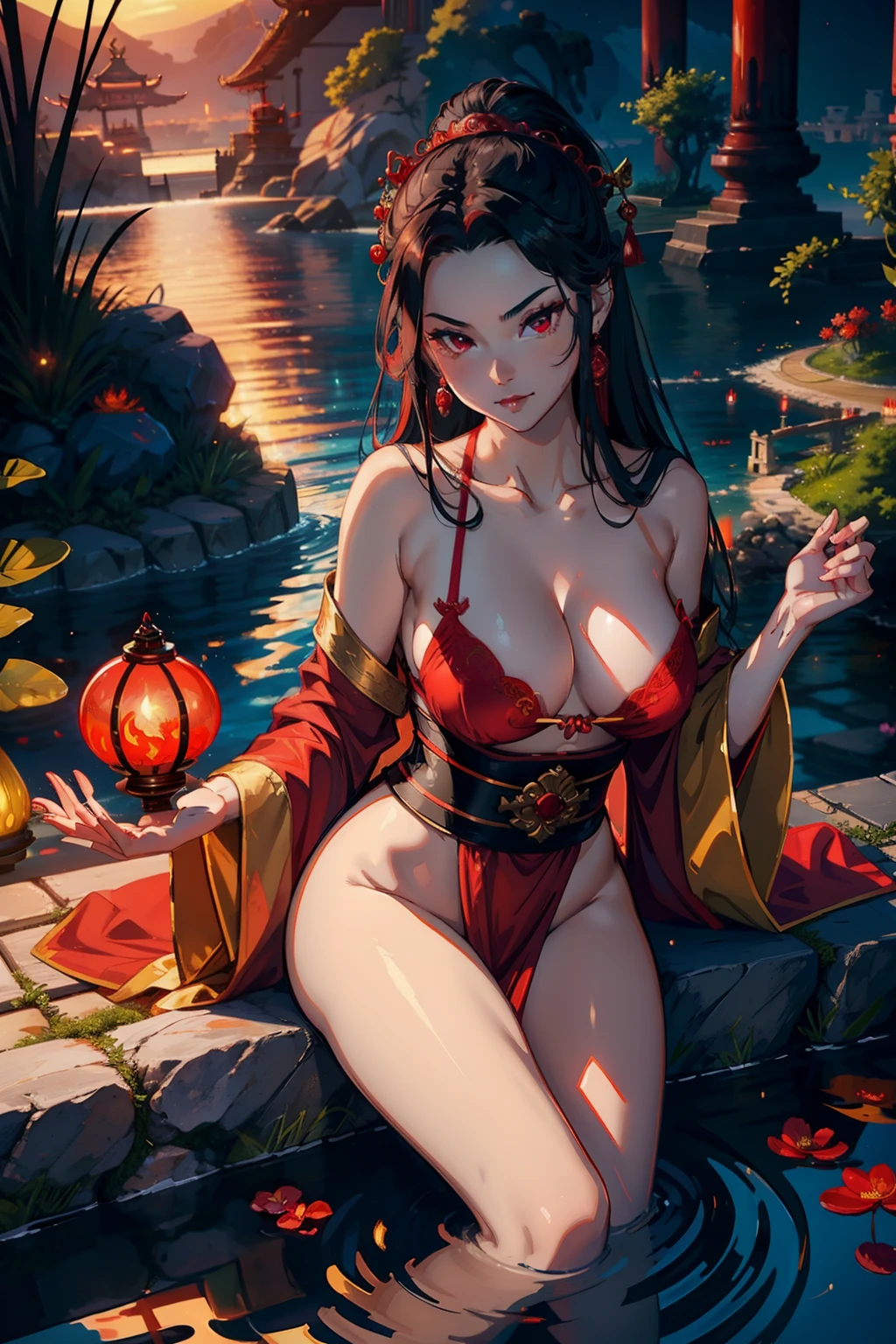 princess azula, evening, sunset, looking at viewer, cleavage, red satin robes, clothed bathing, girl floating above the water, palace, temple, fire, lava, red glowing, smug face (NSFW 1.1)