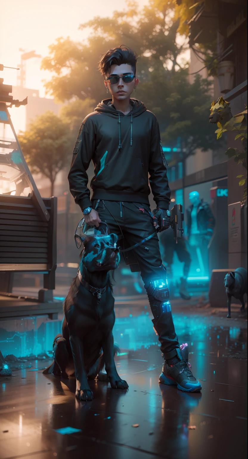 3d Cyberpunk handsome boy ultra realistic with dog 4k+HDR