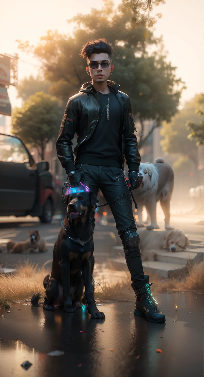 3d Cyberpunk handsome boy ultra realistic with dog 4k+HDR