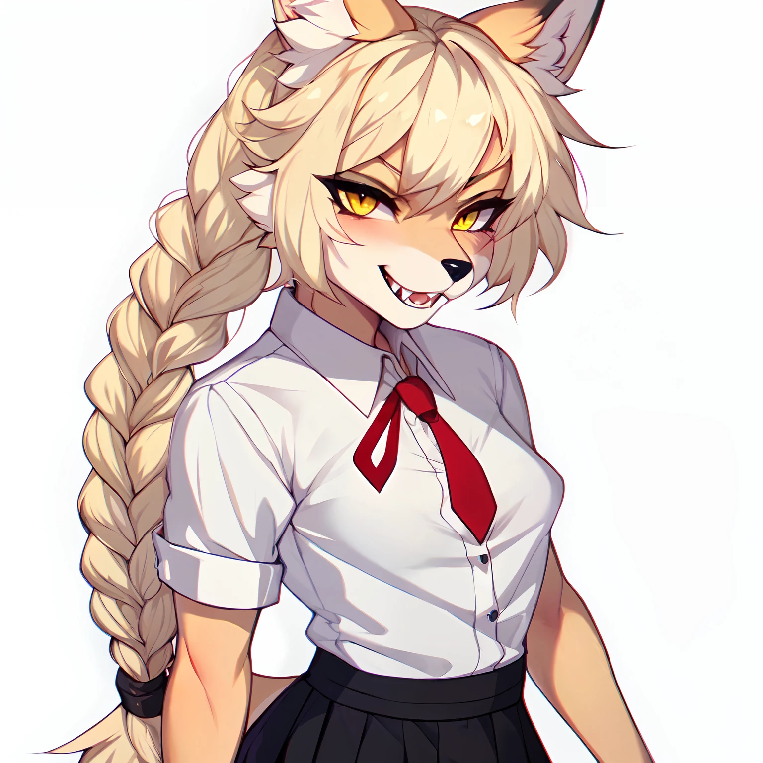 (By hyattlen, by fumiko, by claweddrip):1.2, solo, (tan fox girl), female, fluffy tan ears, black tips on ears, (tan_body:1.1), black nose, yellow eyes, cute snout, fluffy blonde tail, white tail tip, long blonde hair, french braided hair, visible fangs, grinning, devious, big wide mouth, large sharp canine teeth, angry eyes, detailed eyes, small breasts, wearing white button up shirt, red tie, black skirt, combat boots, standing, neutral pose, no background, white background, close up