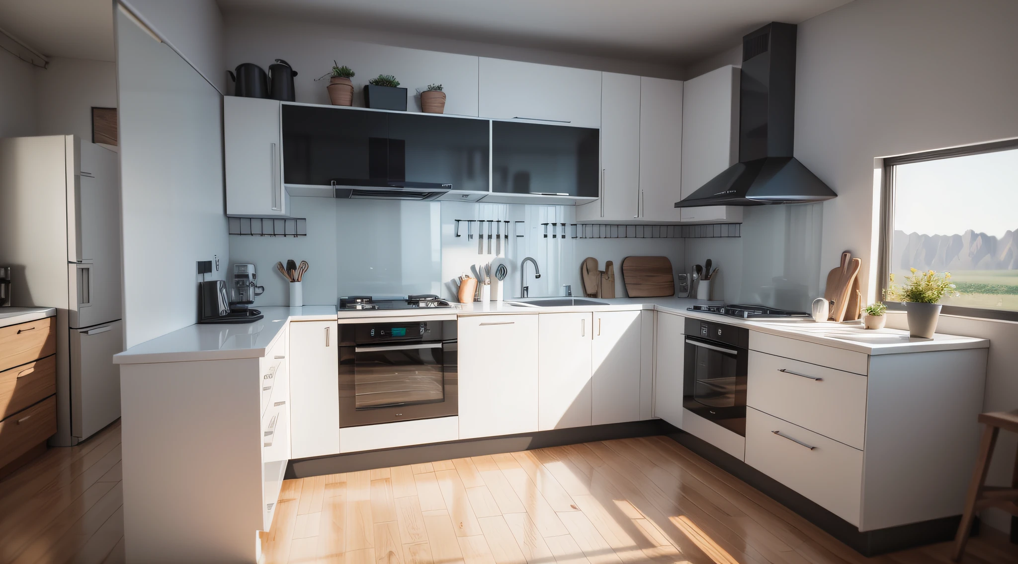 Cozinha planejada freezer vermelha,mesa moderna,aluminum,black kitchen armarium,painel na parede madeira ripada,MDF lineo Textile,octane render 3D,Full HD,8K,cozinha organizado,White Marble,puxadores metalico,janela e cortina,built-in cooktop stove,cozinha agradavel meio ambientes,concept art 3D