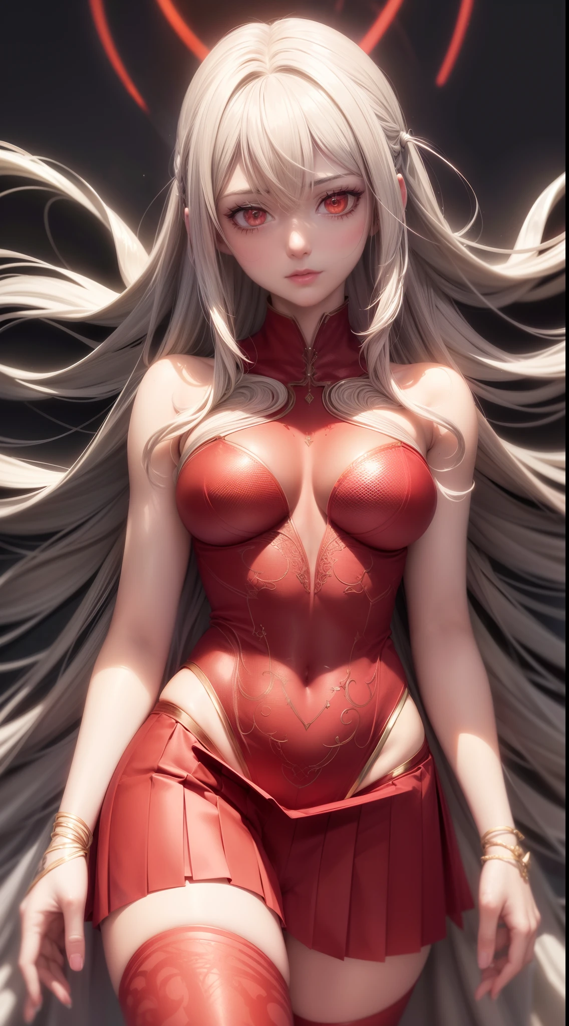 bright silver futuristic goddess girl in coverall ((bloody-red pleated skinny suit)) with (golden lines) accents (((skirt))) (((goddess robe))) with fireball, (crop robe), (runes on skin), elite, ((lacy)), futurism, cyberpunk, silk, fur, (stockings), decollete, natural breasts, slim body, zettai ryouiki, ((((medium length hair, (red strand))))), dull blond hair, (beautiful detailed bright lighting fire eyes), portrait, (beautiful and aesthetic:1.2, fractal art:1.4), most realistic, hyper-realistic, RAW, highest quality, best quality, Detailed, Realistic, 4k highly detailed digital art, octane render, bioluminescent, (cool_color), best pixels, 8k ultra, extremely detailed CG unity 8k wallpaper, cinematic lighting
