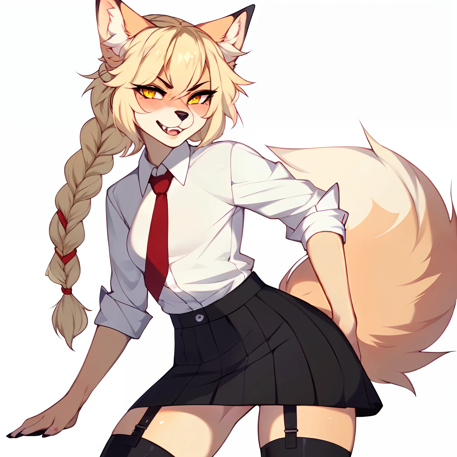 (By hyattlen, by fumiko, by claweddrip):1.2, solo, (cute tan fox girl), female, cute fluffy tan ears, (tan_body:1.1), black nose, yellow eyes, cute snout, fluffy blonde tail, white tail tip, long_bangs:1.1, long blonde hair, french braided hair, visible fangs, grinning, big wide mouth, large sharp canine teeth, angry eyes, detailed eyes, small breasts, wearing white button up shirt, red tie, black skirt, combat boots, standing, neutral pose, no background, white background