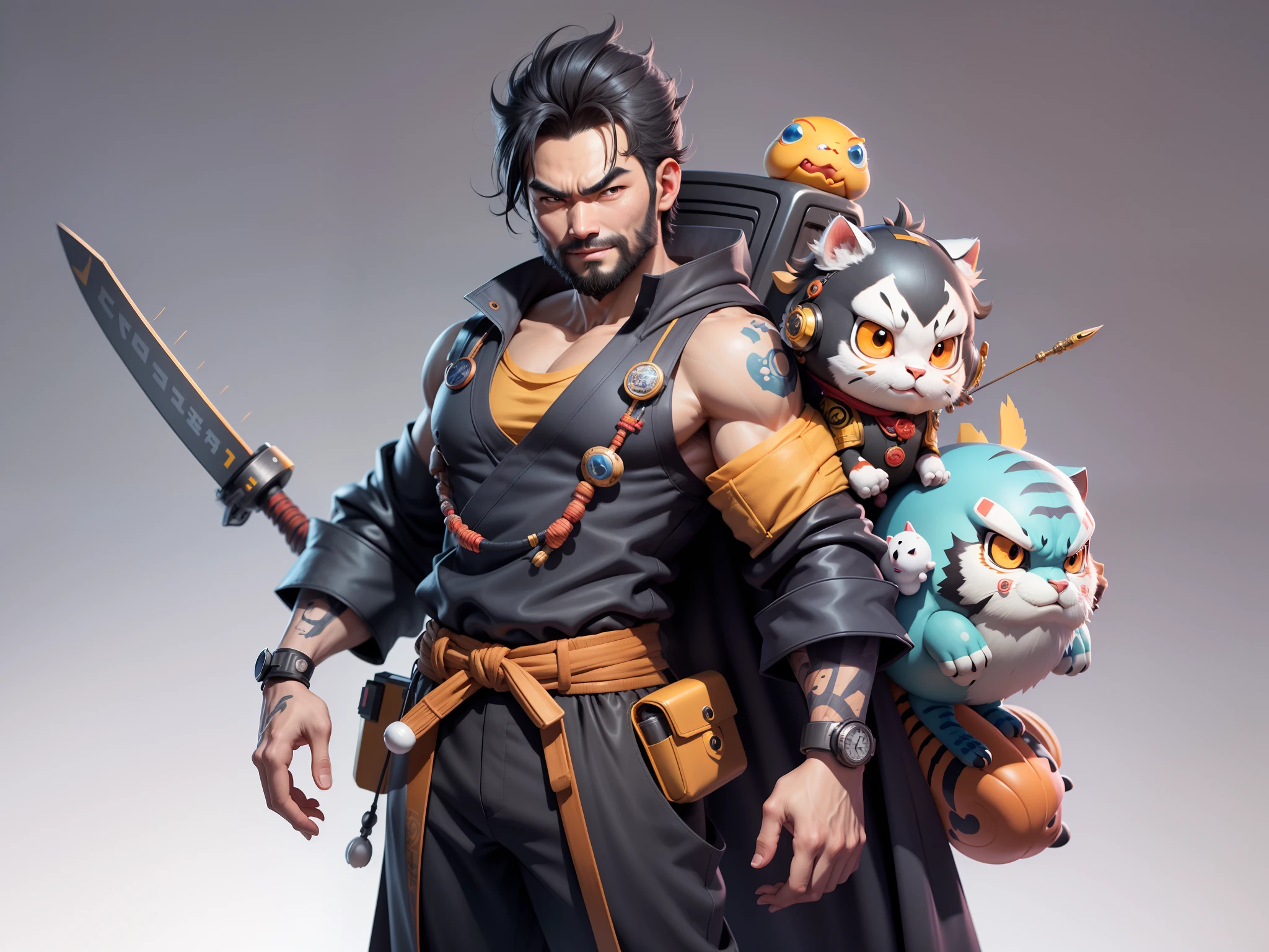 (Daisaku),(Need),(Super meticulous),(full bodyesbian:1.2),Super young man with Japanese geisha，Beautiful，orient，one tiger，Aeolian Thor，Raised sexy，爆乳，Oriental face，TV Anchor，Bust portrait illustration，In black suit，a blue tie，The face is slightly chubby，The face was clean，without a beard，Black super short hair，Black eyes，Smile confidently，3C computer sub-products，iPad， iphone，Digital painting，3D character design by Mark Clairen and Pixar and Hayao Miyazaki and Akira Toriyama，The illustration is a high-definition illustration in 4K resolution，With very detailed facial features and cartoon-style visuals。