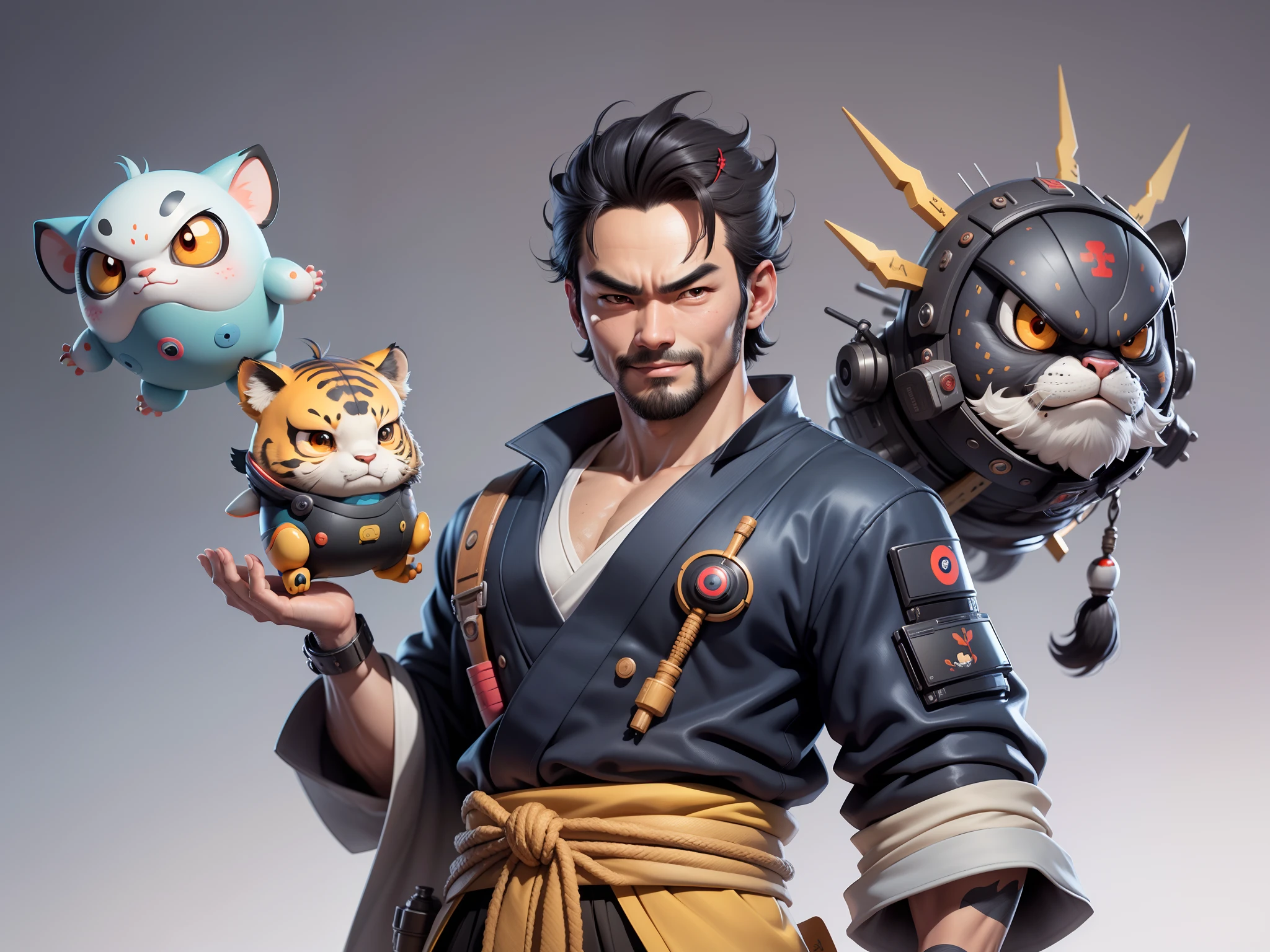 (Daisaku),(Need),(Super meticulous),(full bodyesbian:1.2),Super young man with Japanese geisha,Beautiful,orient,one tiger,Aeolian Thor,Raised sexy,爆乳,Oriental face,TV Anchor,Bust portrait illustration,In black suit,a blue tie,The face is slightly chubby,The face was clean,without a beard,Black super short hair,Black eyes,Smile confidently,3C computer sub-products,iPad, iphone,Digital painting,3D character design by Mark Clairen and Pixar and Hayao Miyazaki and Akira Toriyama,The illustration is a high-definition illustration in 4K resolution,With very detailed facial features and cartoon-style visuals。