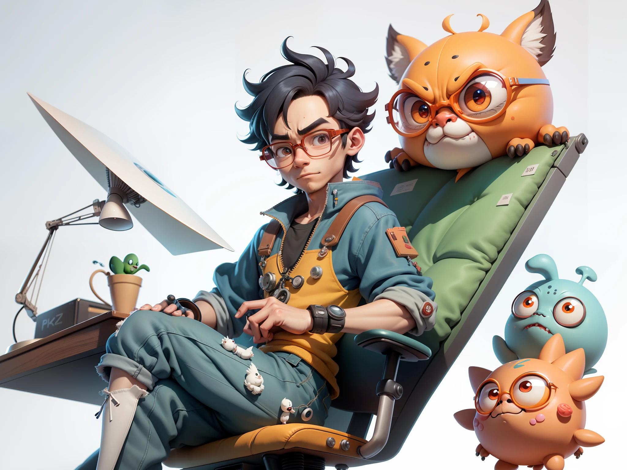 A young man with glasses sits at his desk，holding laptop，digitial painting，3D character design by Mark Clairen and Pixar and Hayao Miyazaki and Akira Toriyama，4K HD illustration，Very detailed facial features and cartoon-style visuals。
