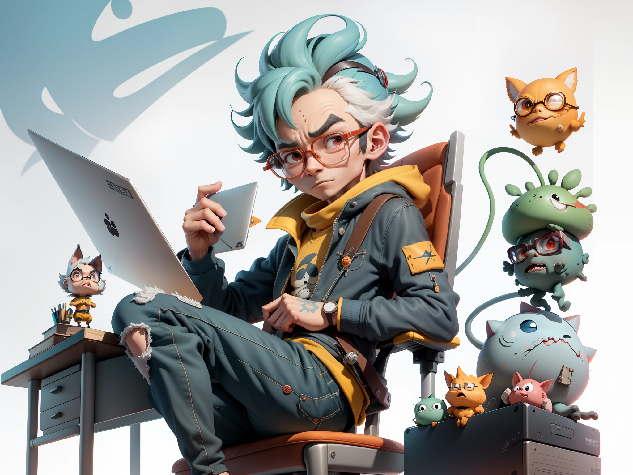 A young man with glasses sits at his desk，holding laptop，digitial painting，3D character design by Mark Clairen and Pixar and Hayao Miyazaki and Akira Toriyama，4K HD illustration，Very detailed facial features and cartoon-style visuals。