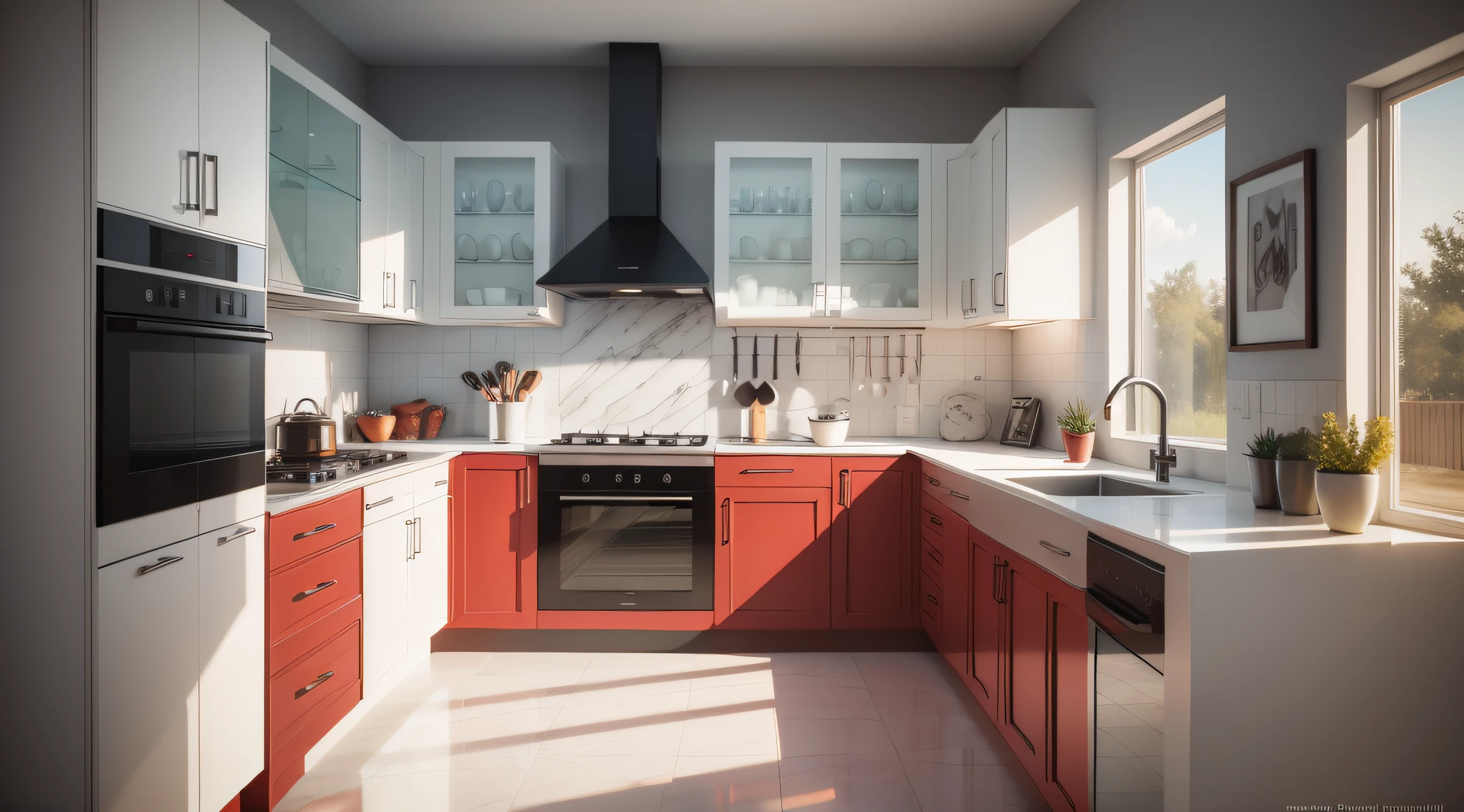 Cozinha planejada freezer vermelha,mesa moderna,aluminum,black kitchen armarium,painel na parede madeira ripada,MDF lineo Textile,octane render 3D,Full HD,8K,cozinha organizado,White Marble,puxadores metalico,janela e cortina,built-in cooktop stove,cozinha agradavel meio ambientes,concept art 3D