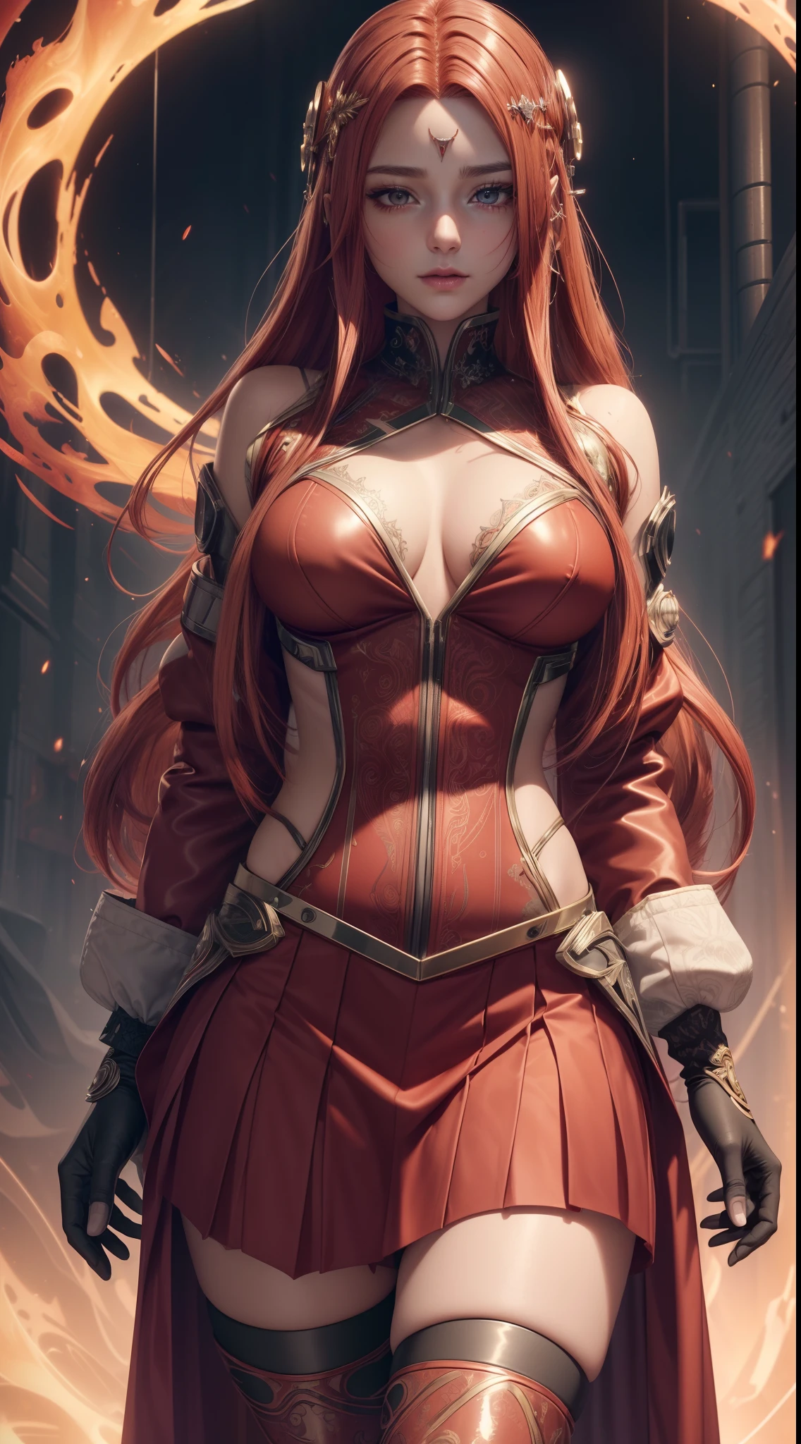 bright silver futuristic goddess girl in coverall ((bloody-red pleated skinny suit)) with (golden lines) accents (((skirt))) (((goddess robe with long sleeves))) with fireball, (crop robe), (runes on skin), epic, elite, ((lacy)), futurism, cyberpunk, silk, fur, (stockings), decollete, natural breasts, slim body, zettai ryouiki, ((((medium length hair, (red streaks))))), dull blond hair, (beautiful detailed bright glowing fire eyes), portrait, (beautiful and aesthetic:1.2, fractal art:1.4), most realistic, hyper-realistic, RAW, highest quality, best quality, Detailed, Realistic, 4k highly detailed digital art, octane render, bioluminescent, (cool_color), best pixels, 8k ultra, extremely detailed CG unity 8k wallpaper, cinematic lighting