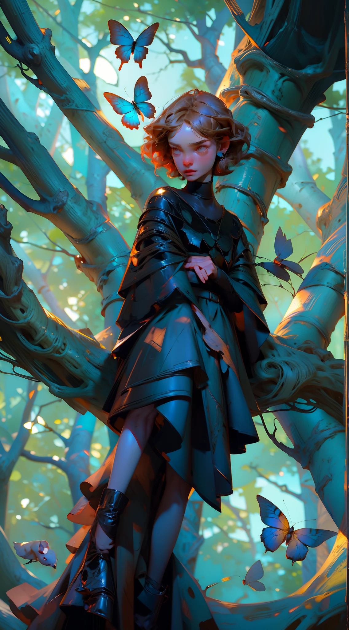 ((Superior quality, portraits, masterpieces, wallpapers 8K: 1.3)), (1 girl) with short wavy brown hair (((SHORT HAIR))), obsidian-like black eyes (((BLACK EYES))), (((ANNOYING, SERIOUS LOOK))) sitting on a branch of a mouse tree, bioluminescent blue butterflies, dark hour, perfect shadows and reflections of the moon on the scene. black dress covered, dark clothes of MOURNING, CLOTHES COVERING THEIR SKIN, TUNIC. (((PORTRAIT)))