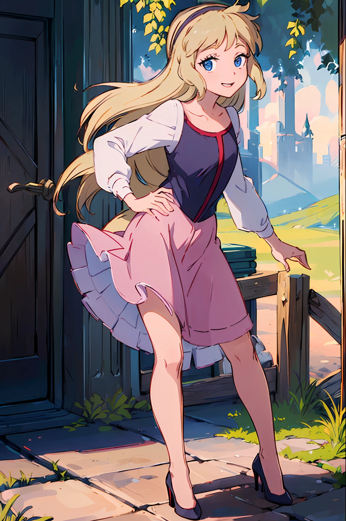 (masterpiece:1.4), (best qualit:1.4), (high resolution:1.4), bodice, long sleeves, princess eilonwy, hairband, skirt, smile, looking at viewer, high heels