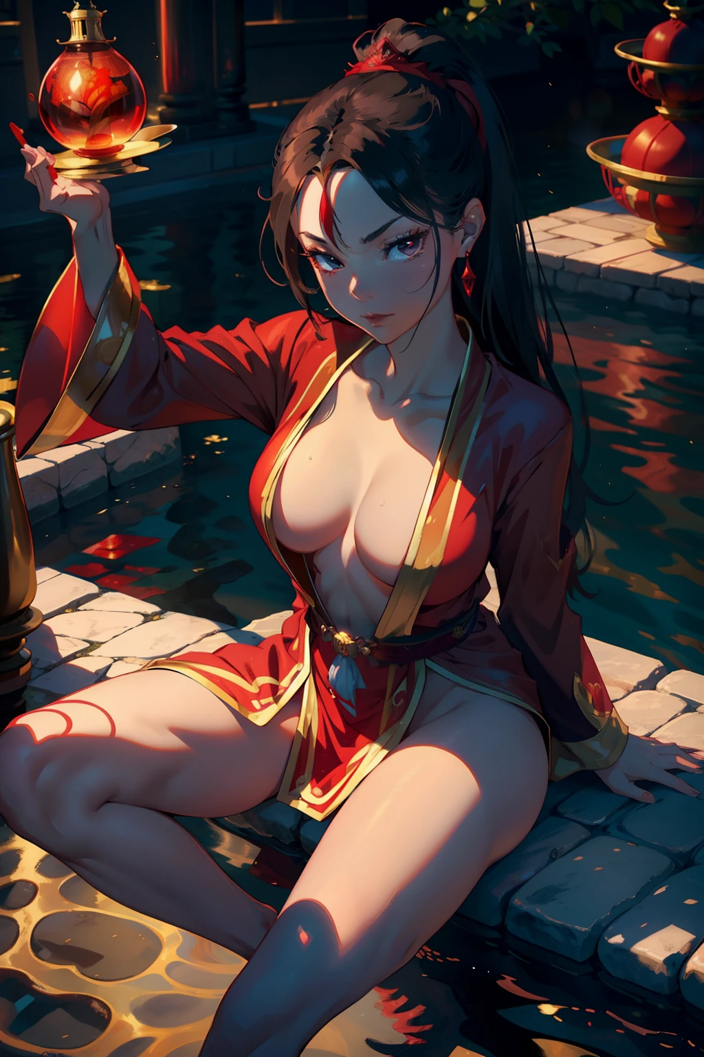 princess azula, evening, sunset, looking at viewer, cleavage, red satin robes, clothed bathing, girl floating above the water, palace, temple, fire, lava, red glowing, smug face (NSFW 1.1)
