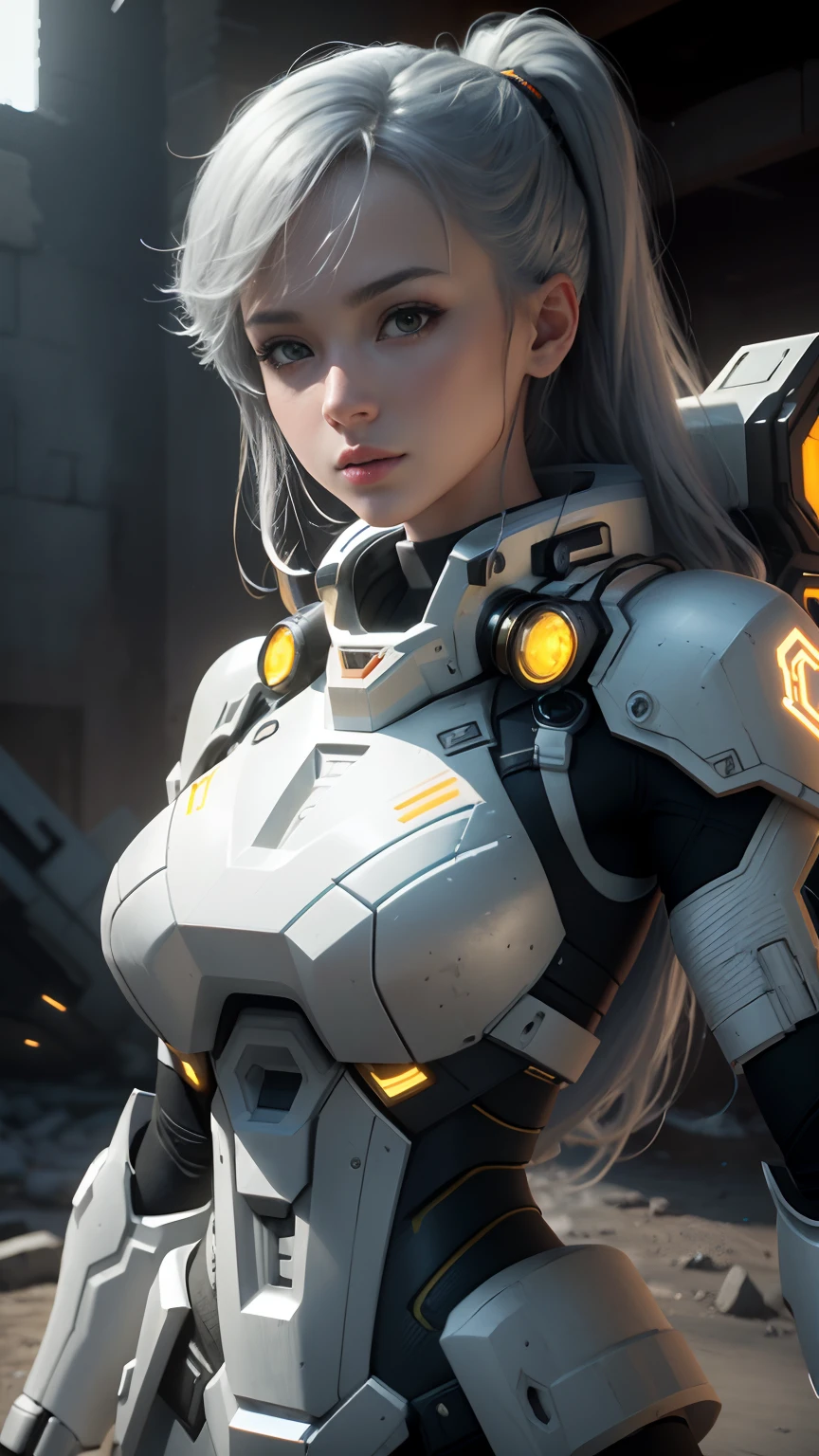 ((Best Quality)), ((Masterpiece)), (Very Detailed:1.3), 3D, Shitu-mecha, Beautiful cyberpunk woman with her white and blue mech in the ruins of a city in the forgotten war, Ancient technology, HDR (High Dynamic Range), ray tracing, NVIDIA RTX, Super Resolution, Unreal 5, Subsurface scattering, PBR texture, Post-processing, Anisotropic filtering, Depth of field, Maximum sharpness and sharpness, Multi-layer texture, Albedo and highlight maps, Surface shading, Accurate simulation of light-material interactions, perfect proportions, octane rendering, duotone lighting, low ISO, white balance, rule of thirds, wide aperture, 8K RAW, efficient sub-pixels, subpixel convolution, luminescent particles, light scattering, Tyndall effect